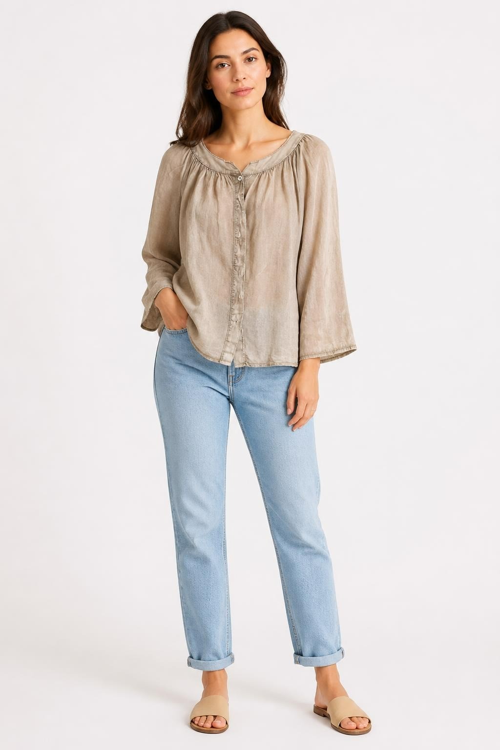 Blouse Bohème Boutonnée en Lin Lavé Beige | Occasion | Pourquoi Se Content-er de Moins