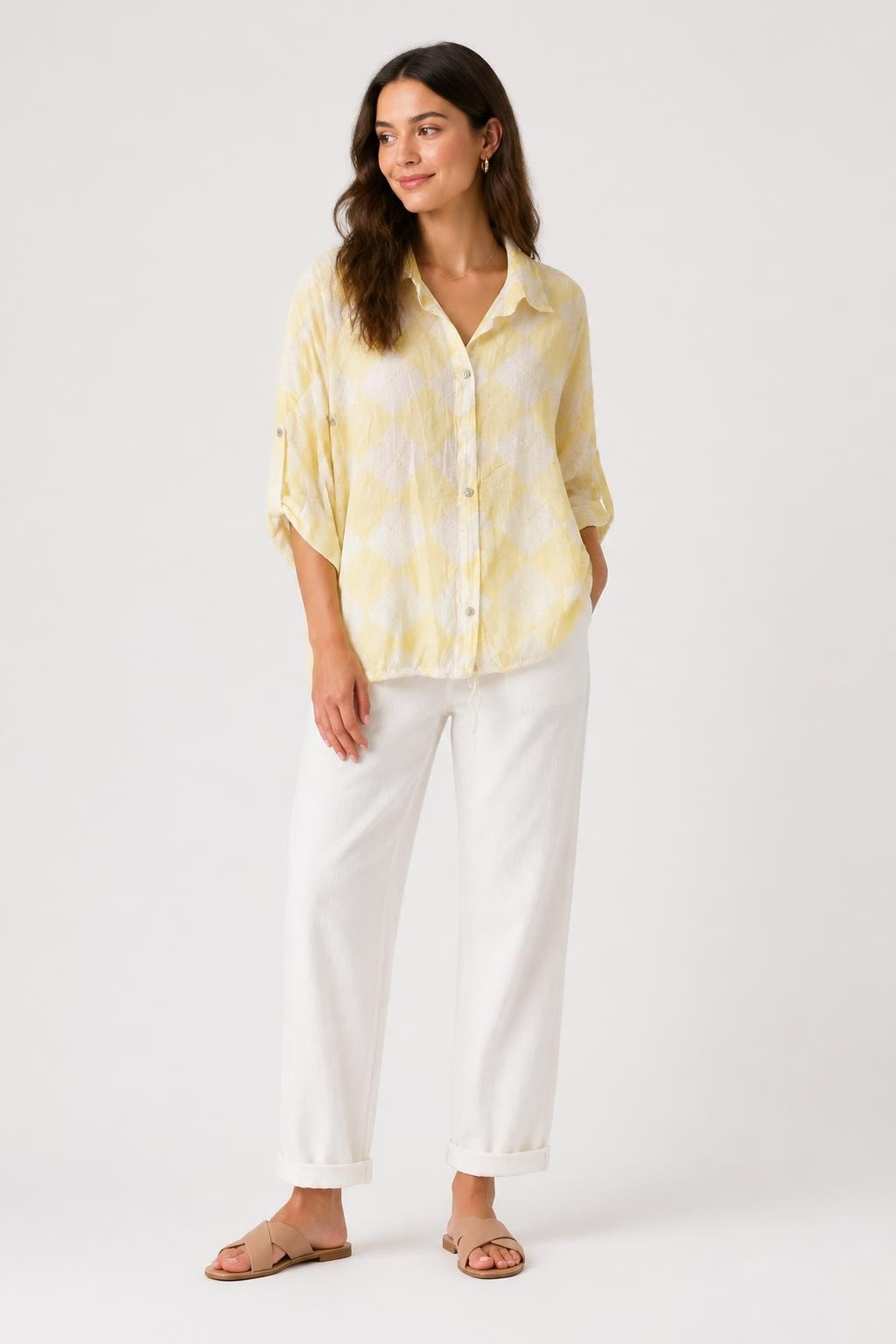 Yellow White Argyle Check Short Sleeve Shirt | Pre-Loved | Why Go Less