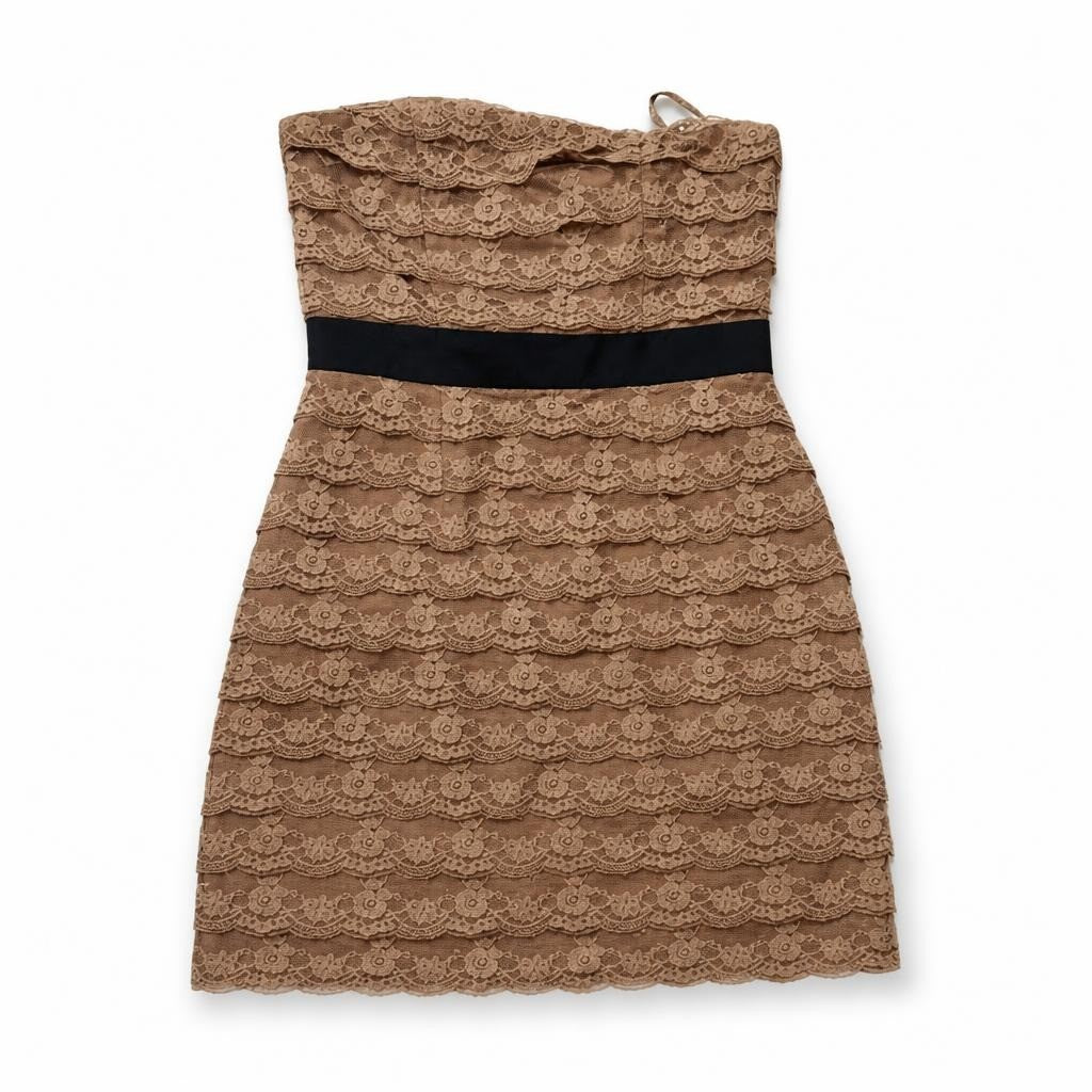 Strapless Lace Mini Dress Tan With Black Band | Pre-Loved | Why Go Less