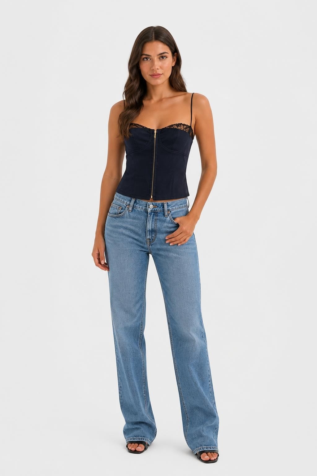 Navy Ribbed Corset Crop Top with Lace Trim - at Why Go Less, Lebanon
