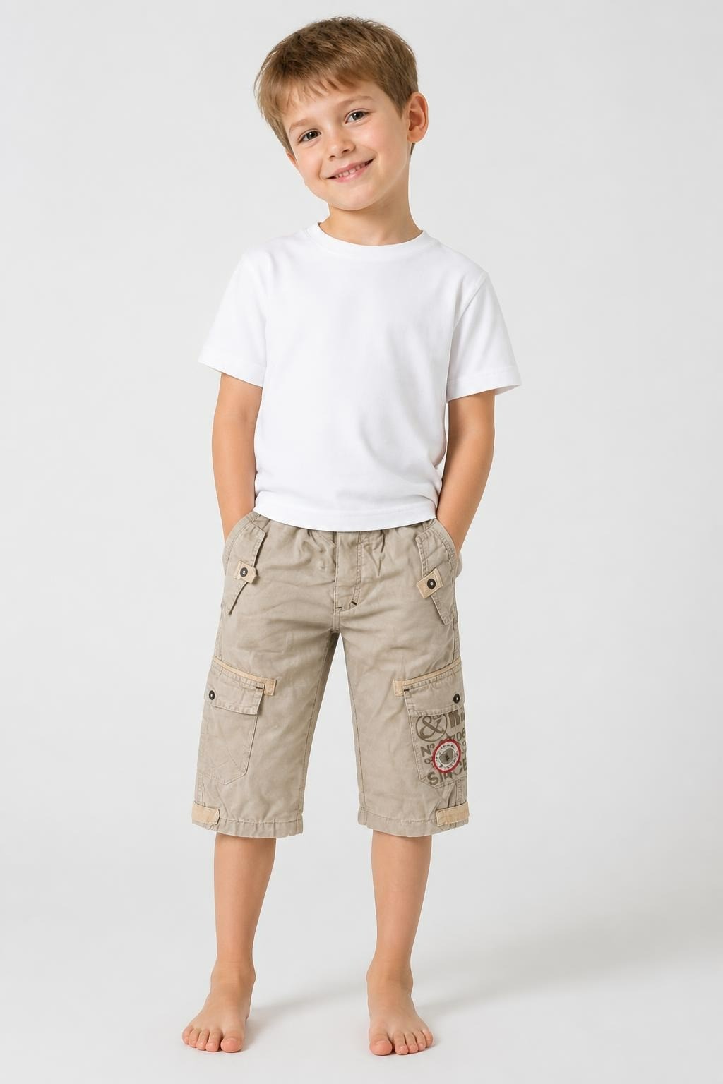 Minimah Kids Cargo Pants Beige Elastic Waist Made in France - at Why Go Less, Lebanon