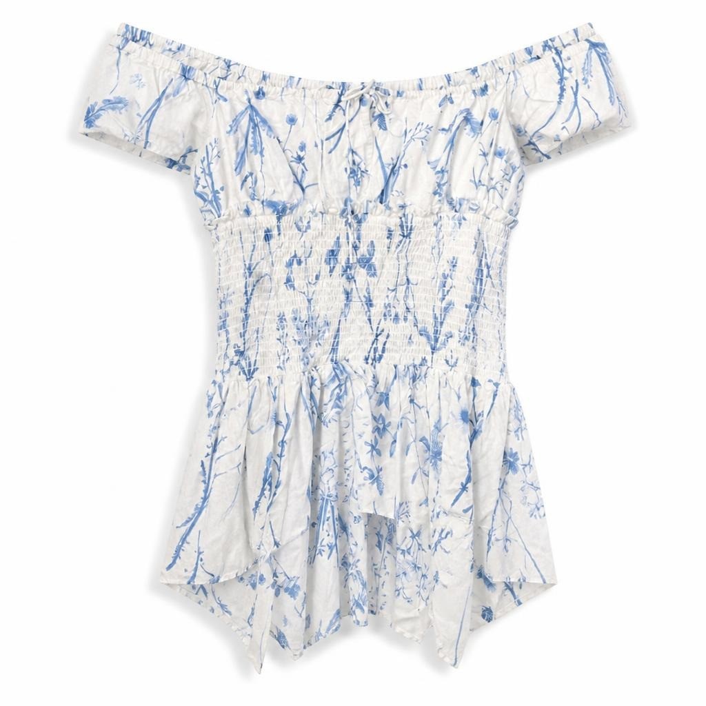 Dress White & Blue Floral Off-shoulder Smocked Dress M - pre-loved at Why Go Less, Lebanon
