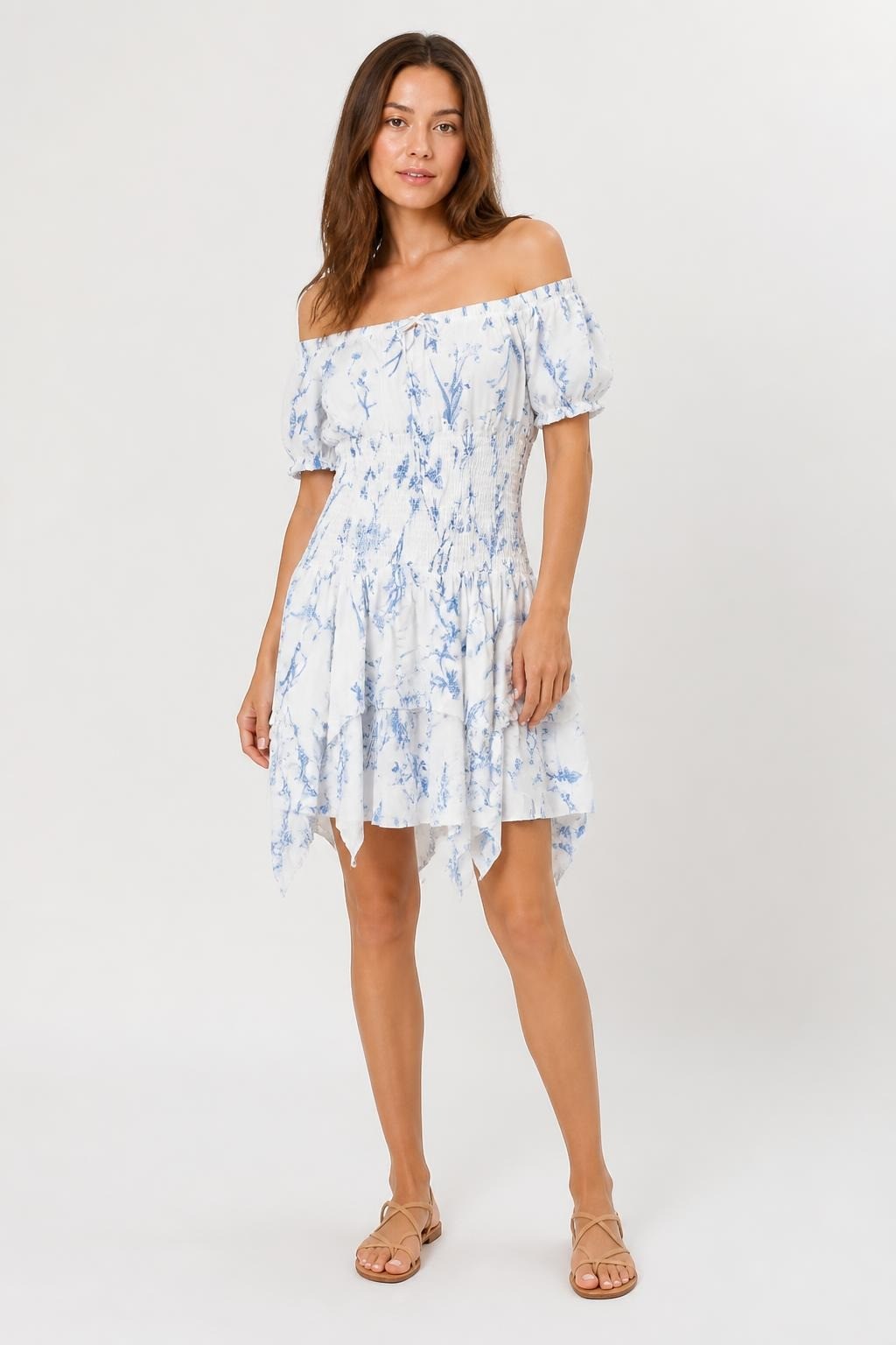 Dress White & Blue Floral Off-shoulder Smocked Dress M - pre-loved at Why Go Less, Lebanon