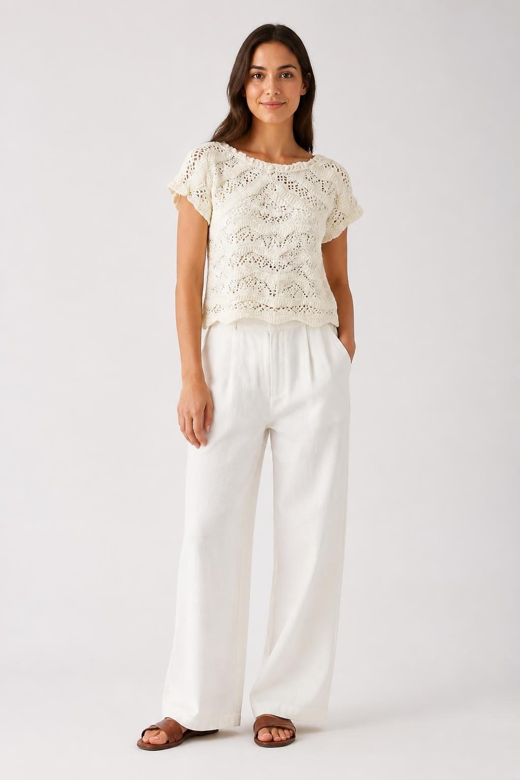 H&M Cream Crochet Lace Crop Top M - pre-loved at Why Go Less, Lebanon