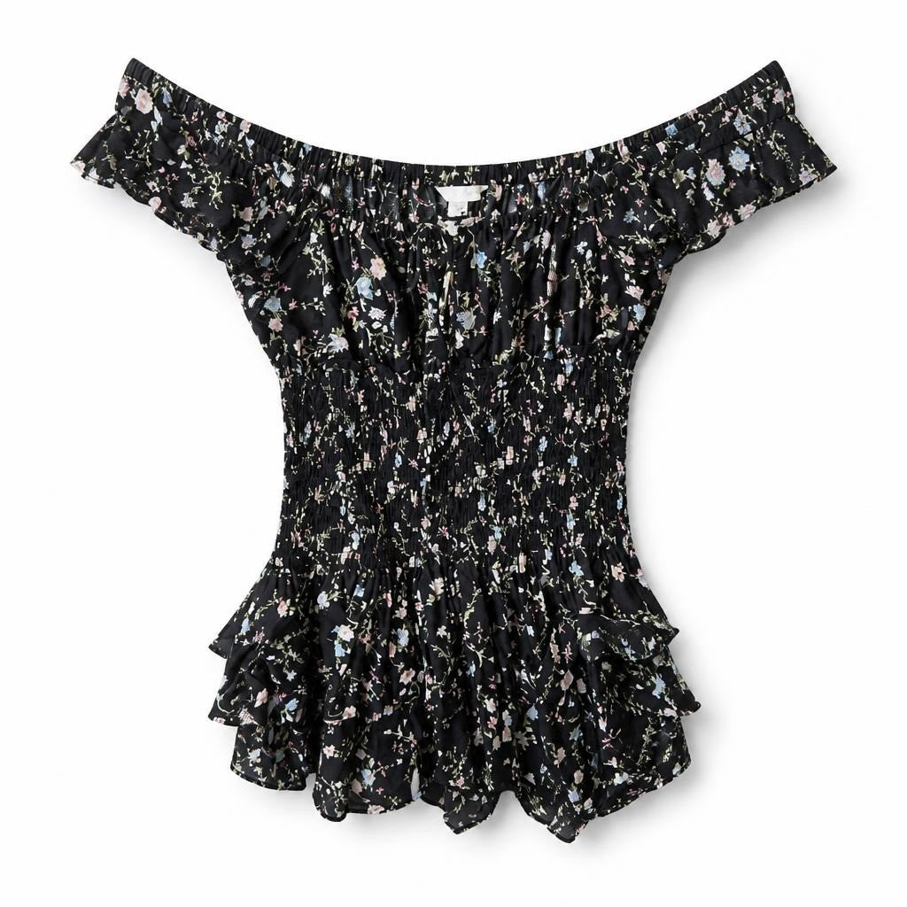 H&M Black Floral Smocked Ruffle Mini Skirt M - pre-loved at Why Go Less, Lebanon