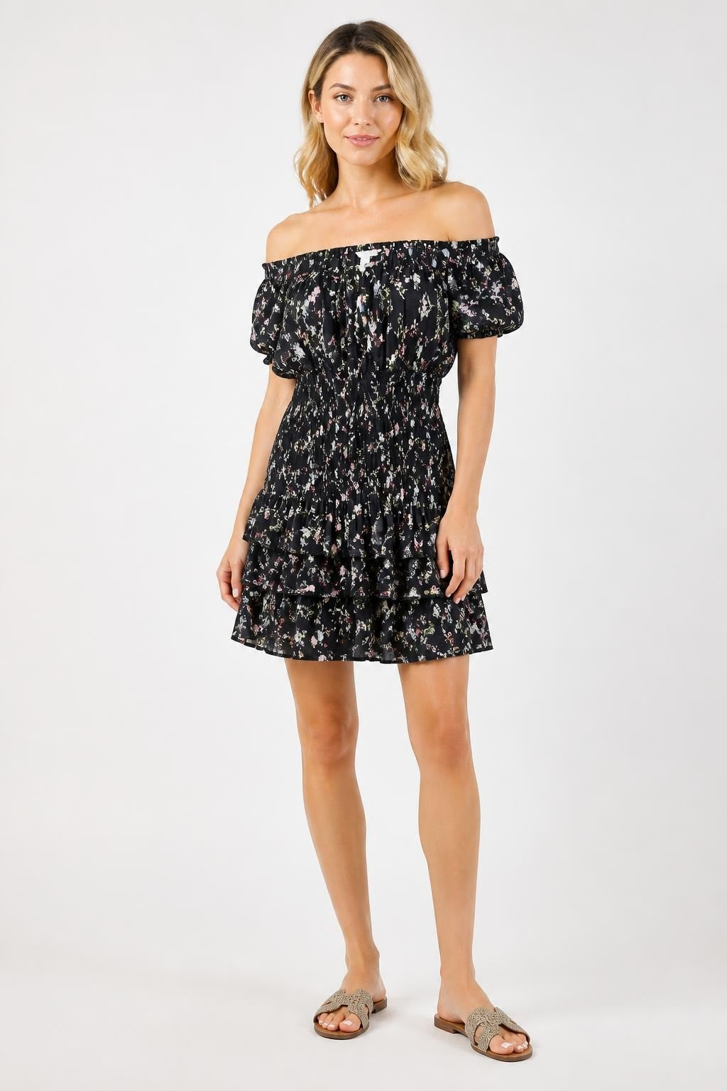 H&M Black Floral Smocked Ruffle Mini Skirt M - pre-loved at Why Go Less, Lebanon
