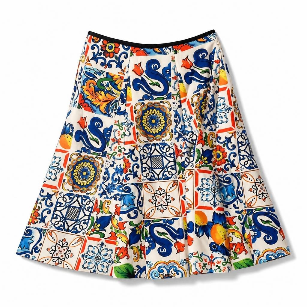 Colorful Tile-print Flared Midi Skirt - pre-loved at Why Go Less, Lebanon