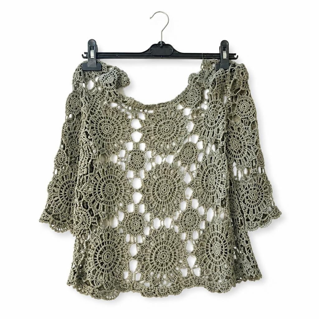 Olive Green Crochet Lace Boho Top - pre-loved at Why Go Less, Lebanon