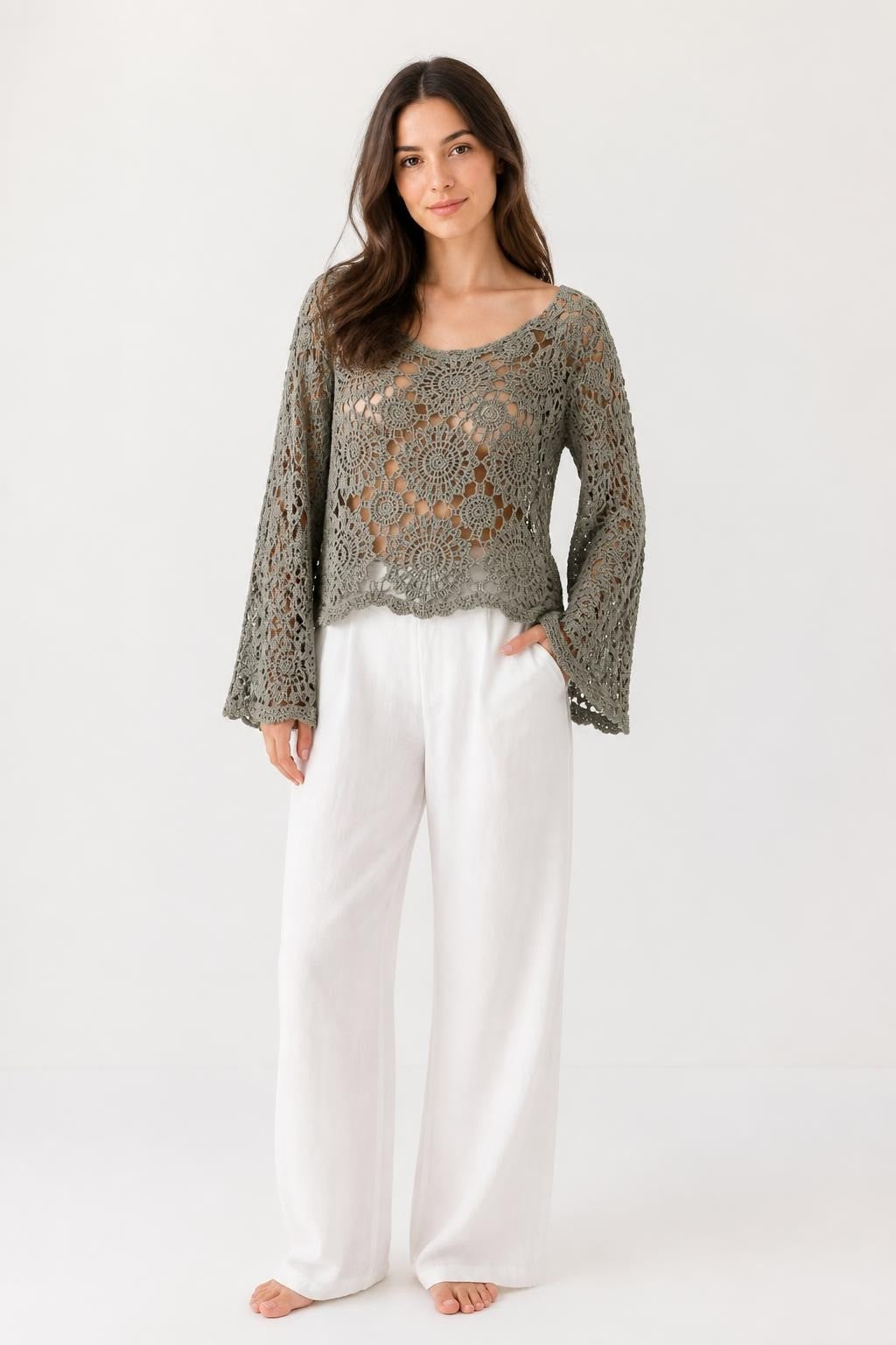 Olive Green Crochet Lace Boho Top - pre-loved at Why Go Less, Lebanon