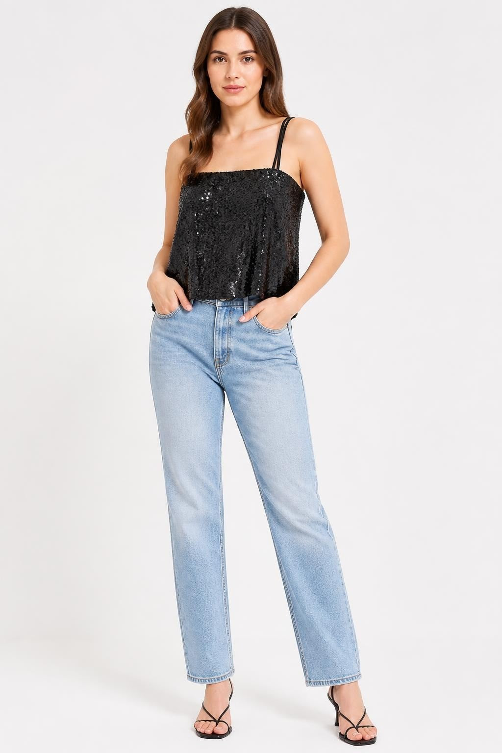 Black Sequin Crop Cami Top - pre-loved at Why Go Less, Lebanon