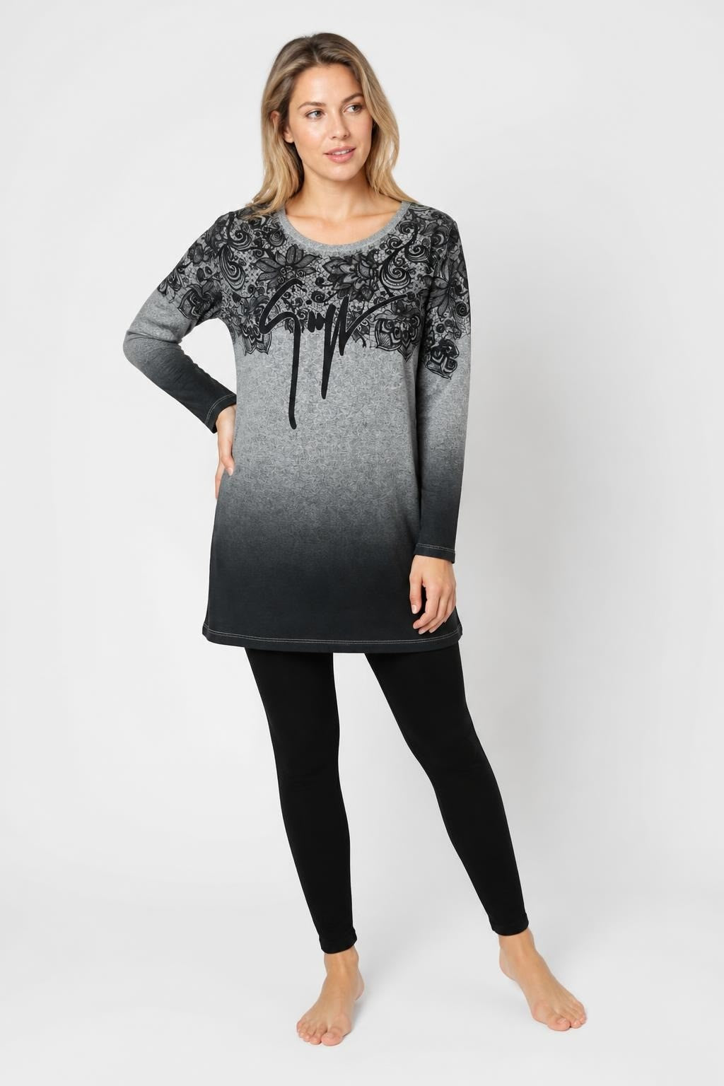 Edo Grey Ombre Floral Print Long-sleeve Dress - pre-loved at Why Go Less, Lebanon