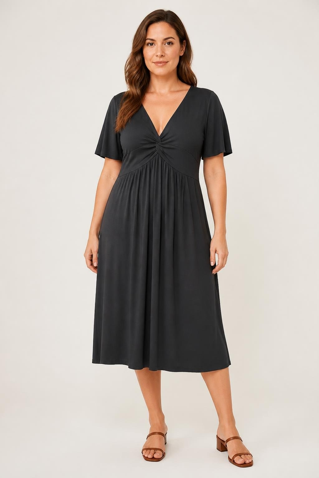 Studio M Black V-neck Flutter Sleeve Midi Dress - pre-loved at Why Go Less, Lebanon