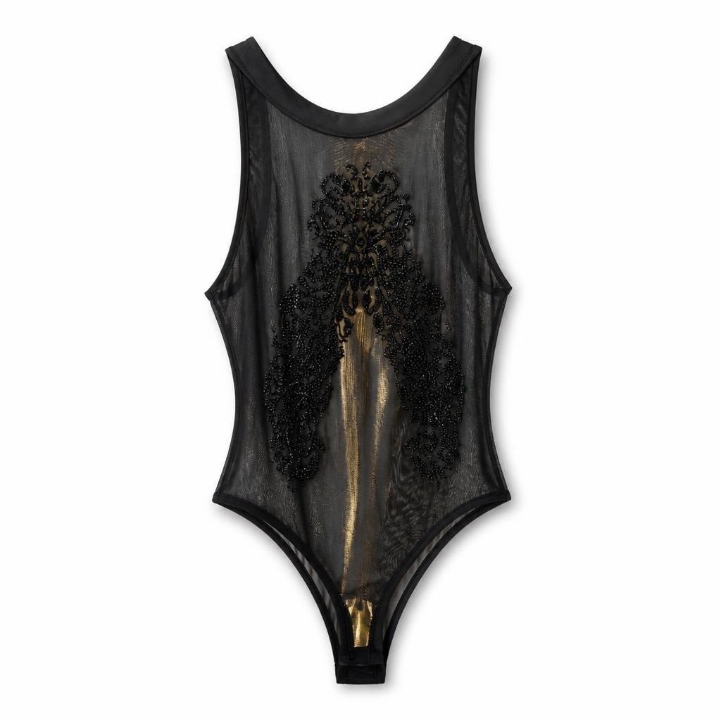 Black Sheer Mesh Embellished Bodysuit - pre-loved at Why Go Less, Lebanon