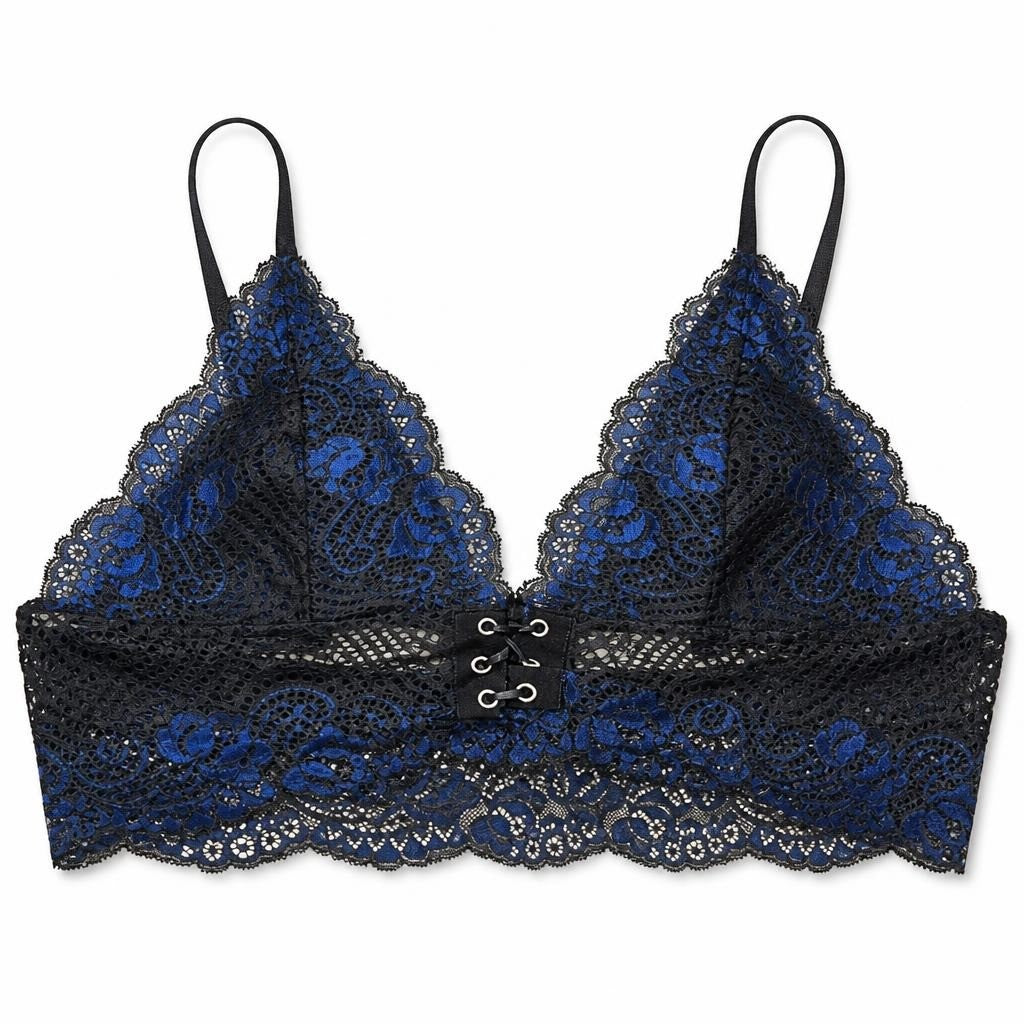 Blue Black Lace Bralette with Lace-up Front - pre-loved at Why Go Less, Lebanon