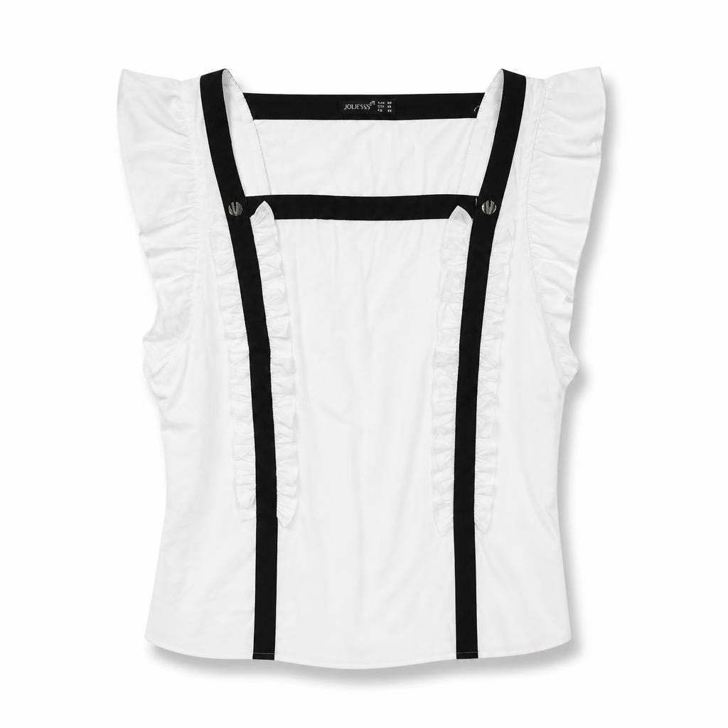 Joliesse White Ruffle Blouse Black Trim, New - pre-loved at Why Go Less, Lebanon