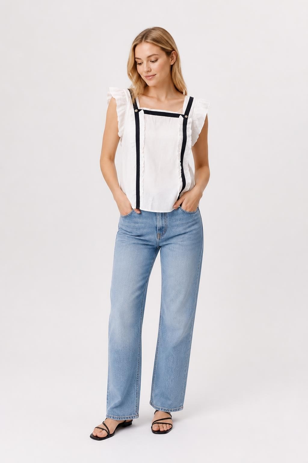 Joliesse White Ruffle Blouse Black Trim, New - pre-loved at Why Go Less, Lebanon
