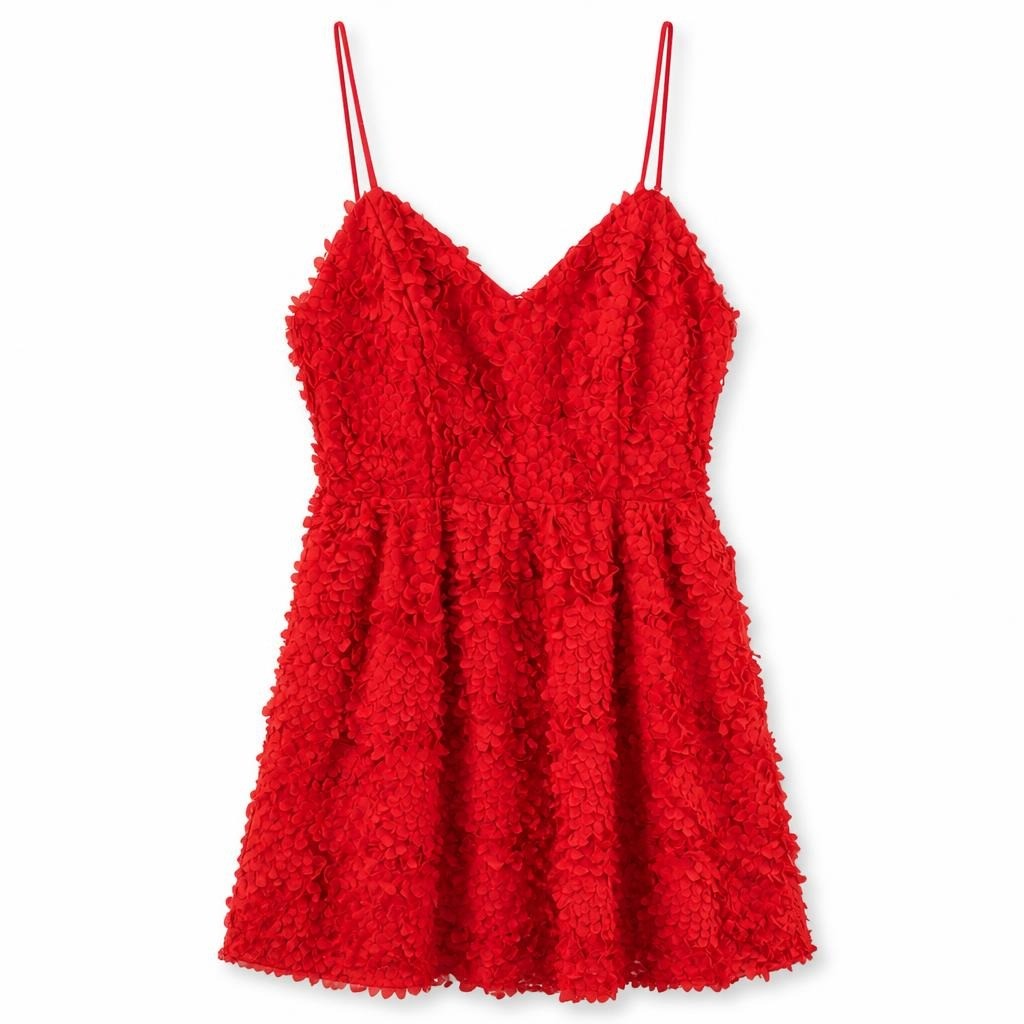 Red 3D Petal Textured Mini Dress Spaghetti Strap - pre-loved at Why Go Less, Lebanon