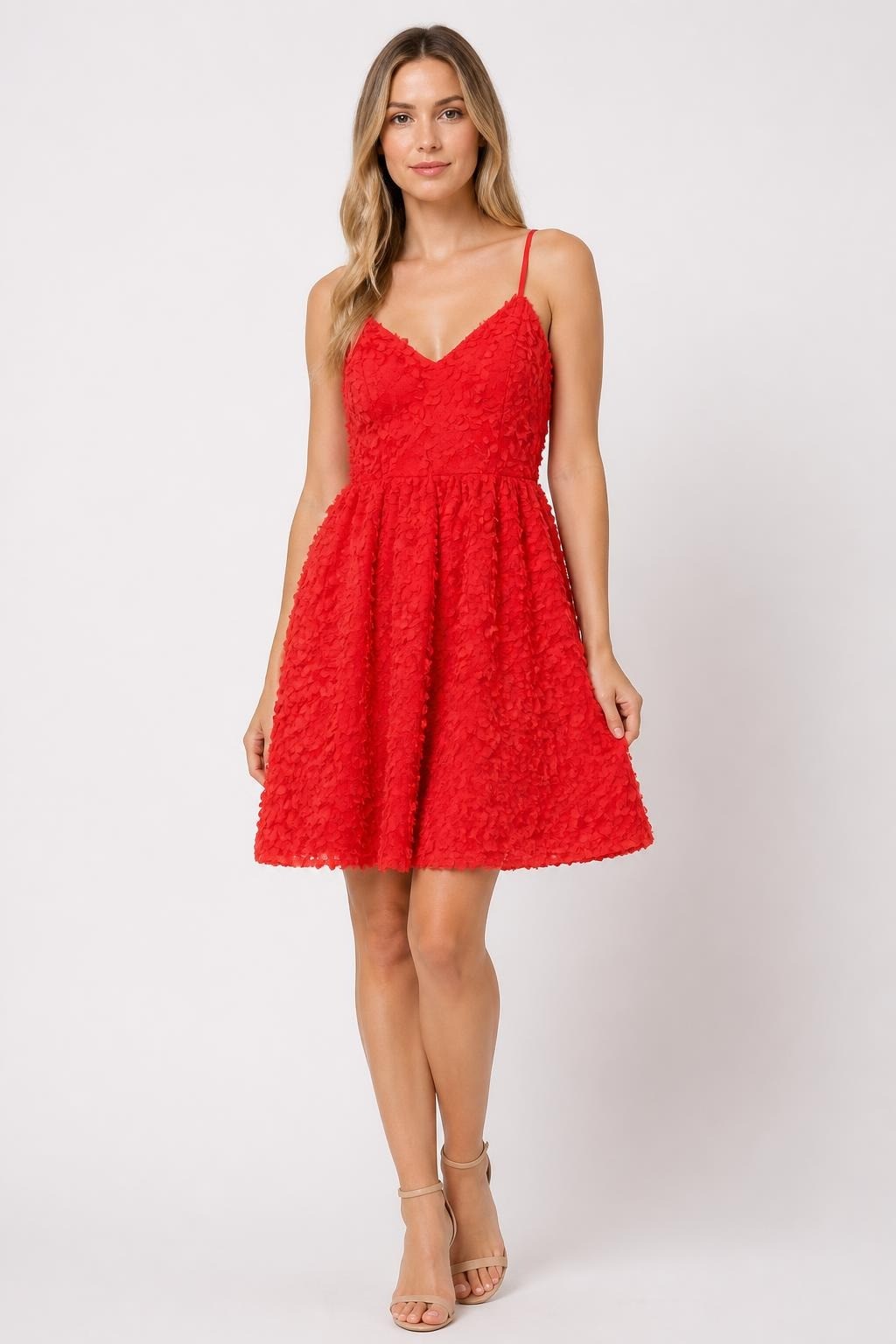 Red 3D Petal Textured Mini Dress Spaghetti Strap - pre-loved at Why Go Less, Lebanon