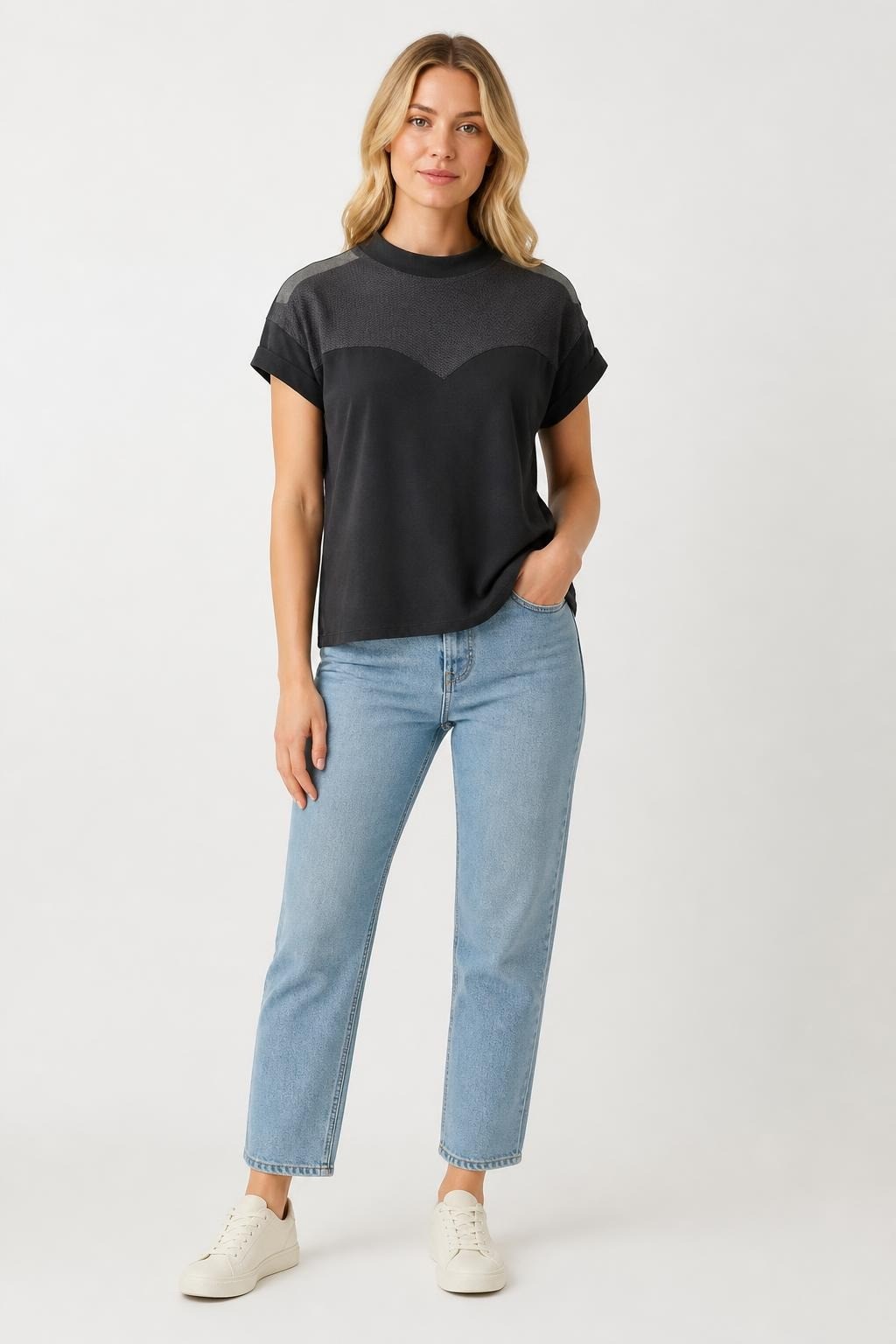 Black Mesh Panel Short Sleeve Crop Tee - pre-loved at Why Go Less, Lebanon
