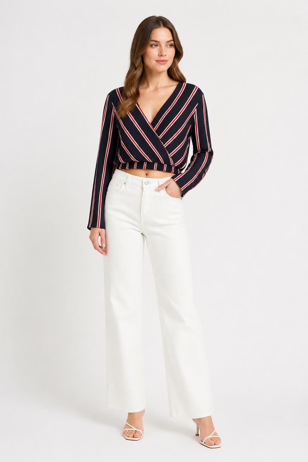 Black Red White Stripe Wrap Long Sleeve Top - pre-loved at Why Go Less, Lebanon