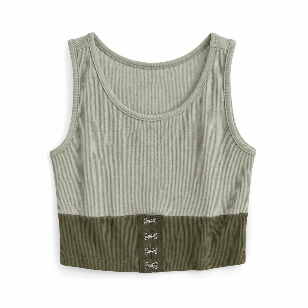 Sage Green Ribbed Crop Tank with Hook Detail - pre-loved at Why Go Less, Lebanon
