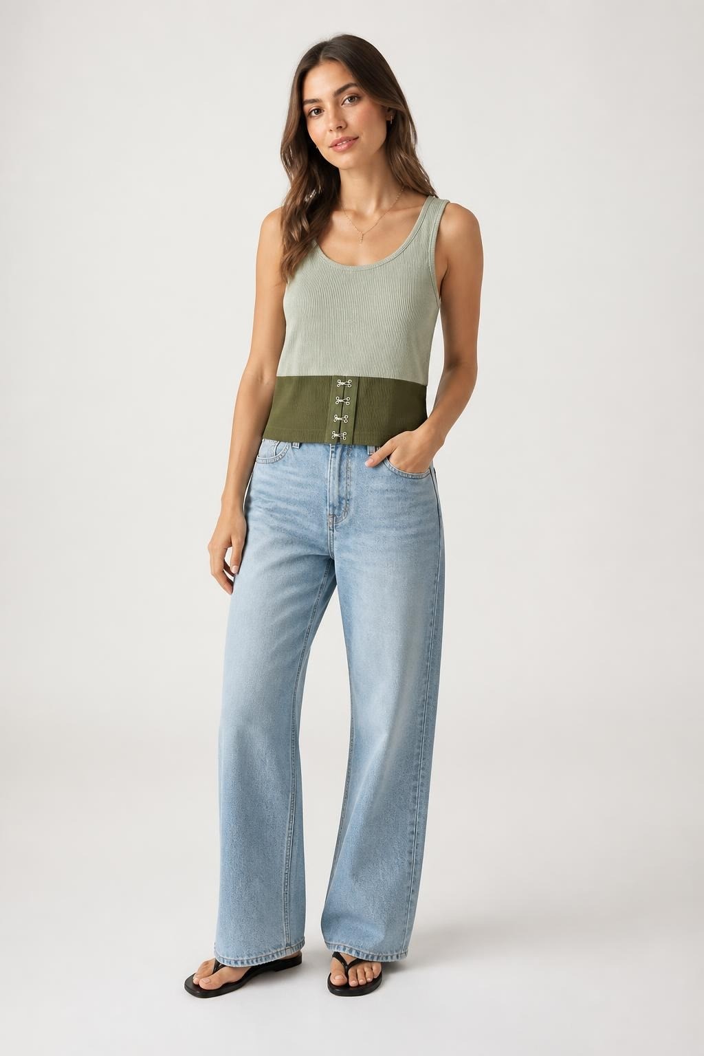 Sage Green Ribbed Crop Tank with Hook Detail - pre-loved at Why Go Less, Lebanon