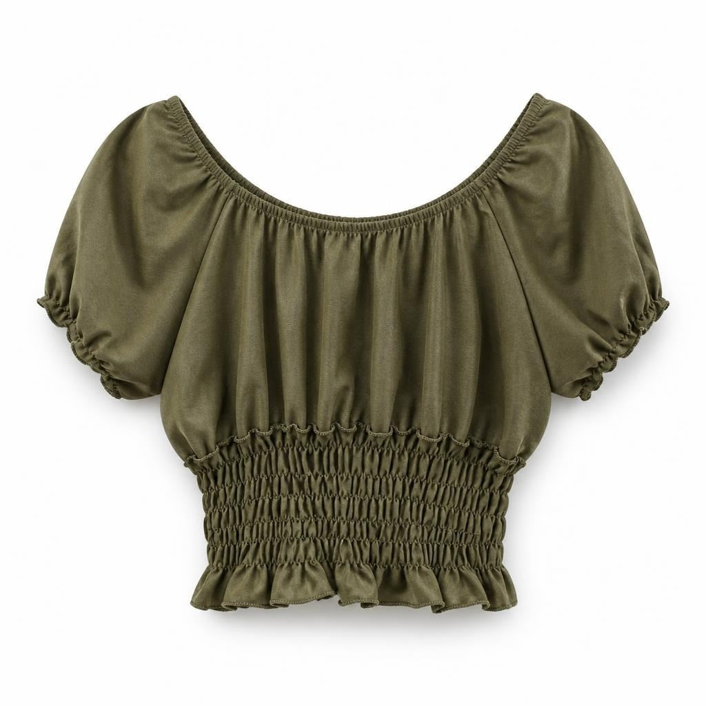 Olive Green Smocked Crop Top, Off-shoulder - pre-loved at Why Go Less, Lebanon