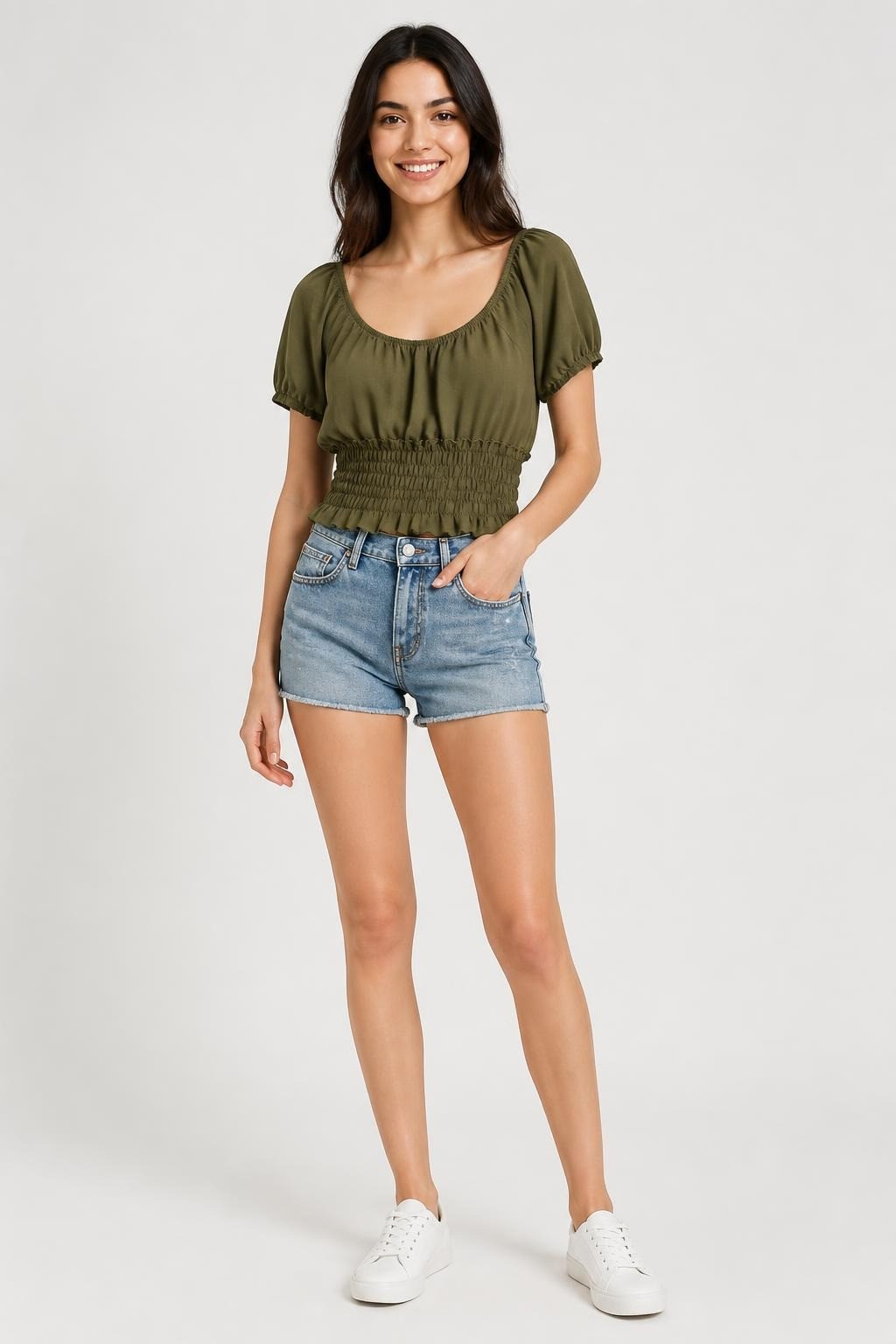 Olive Green Smocked Crop Top, Off-shoulder - pre-loved at Why Go Less, Lebanon