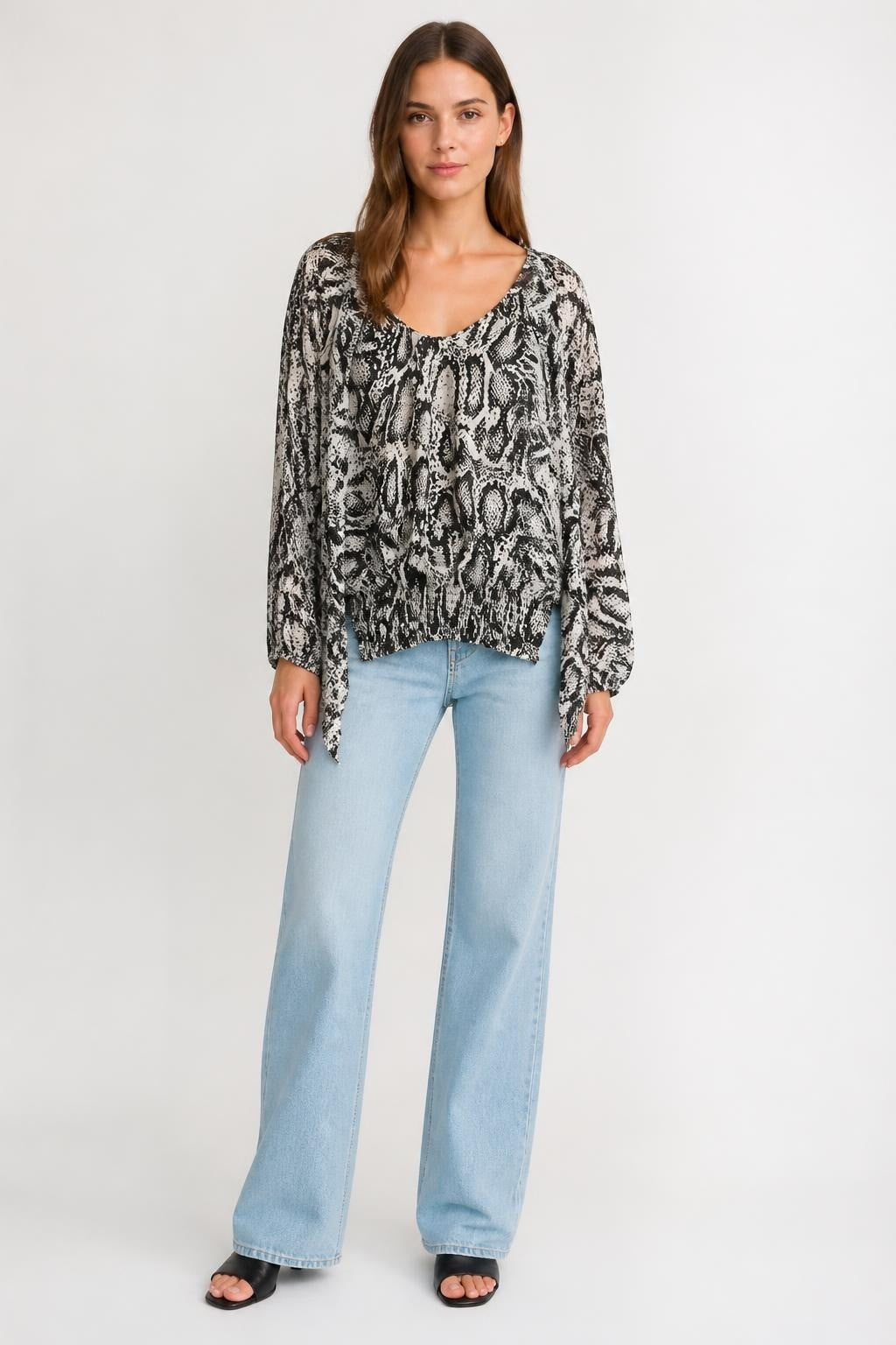 Snake Print Smocked Off-shoulder Long Sleeve Top - pre-loved at Why Go Less, Lebanon