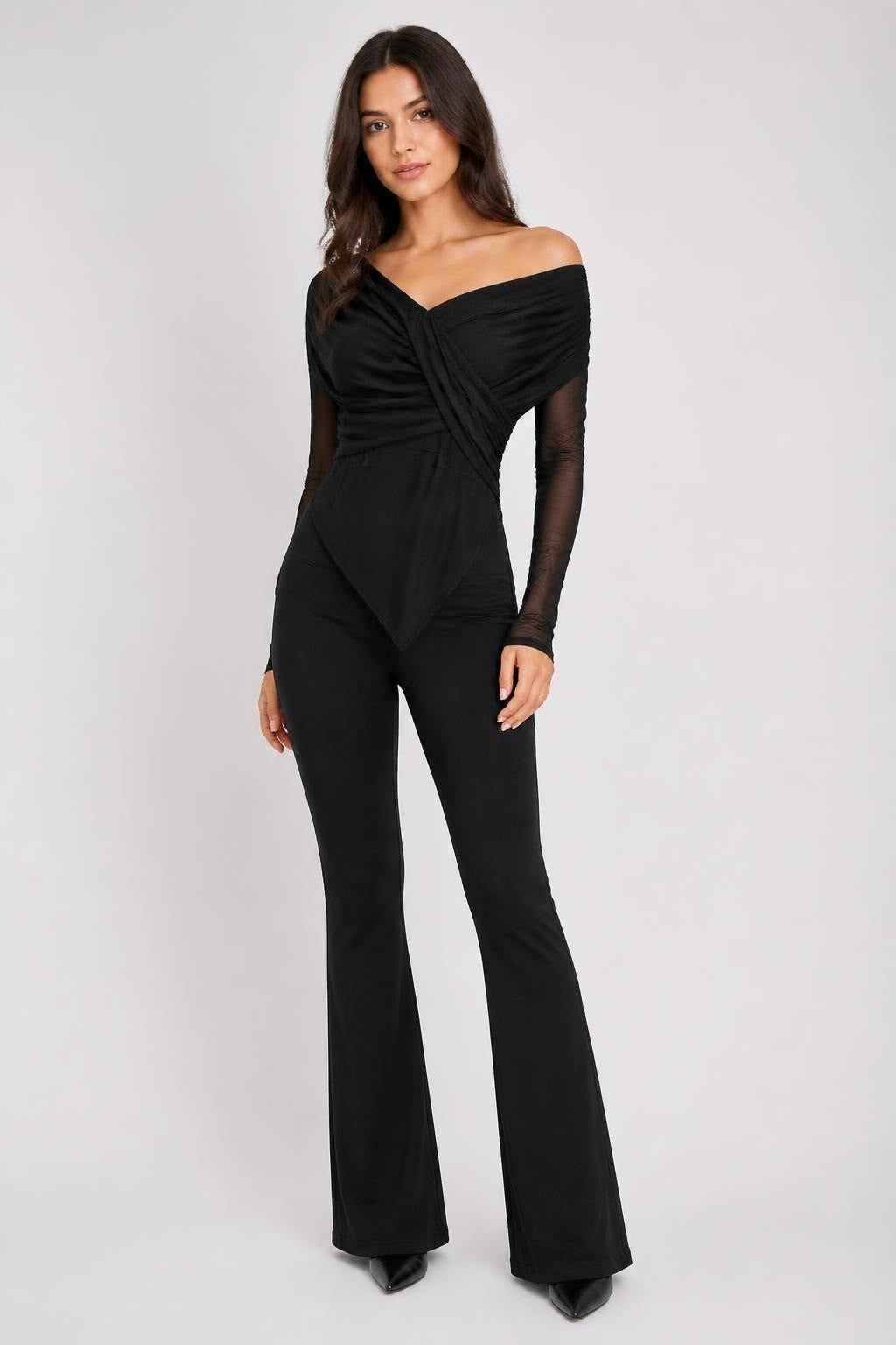 Black Draped Mesh Bodysuit, Sheer Panels - pre-loved at Why Go Less, Lebanon
