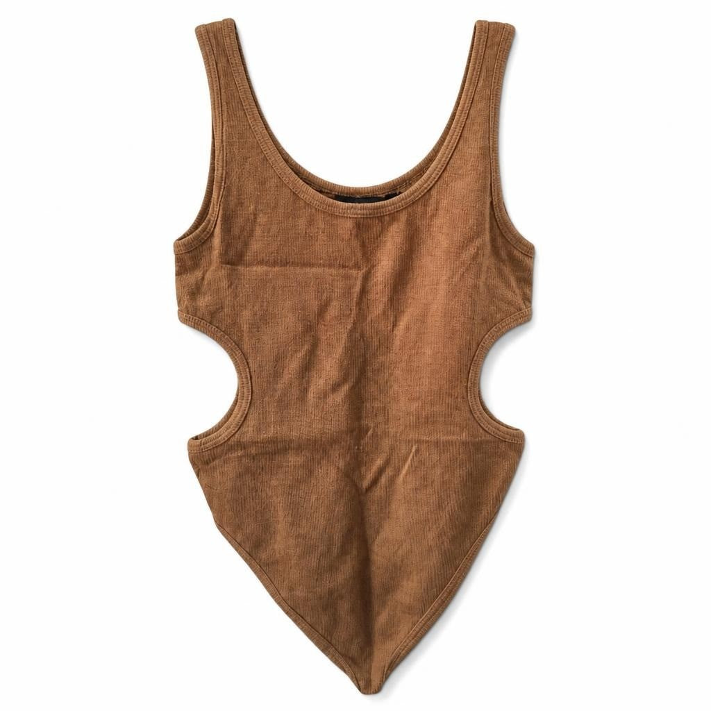 Brown Ribbed Knit Cutout Bodysuit - pre-loved at Why Go Less, Lebanon