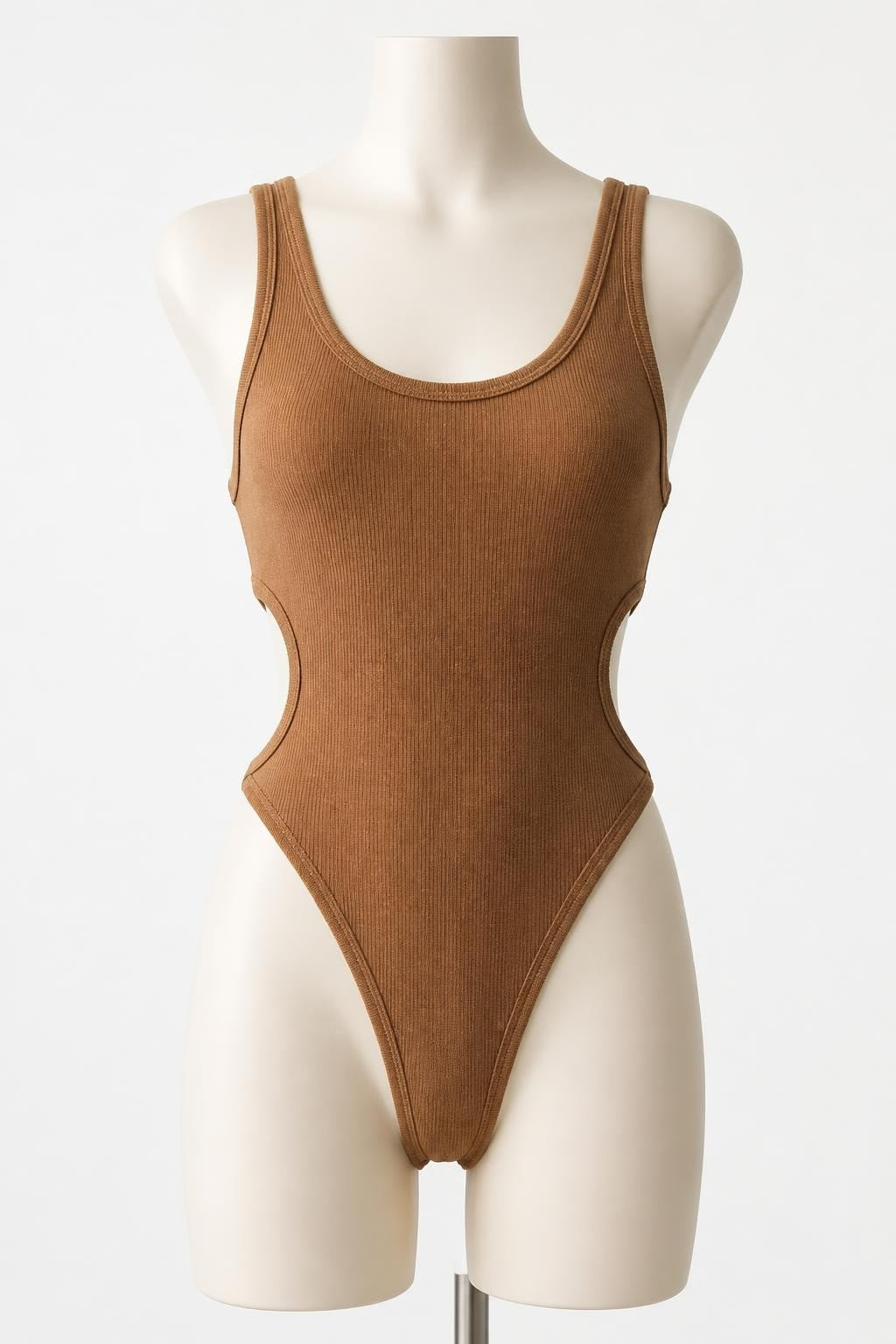 Brown Ribbed Knit Cutout Bodysuit - pre-loved at Why Go Less, Lebanon