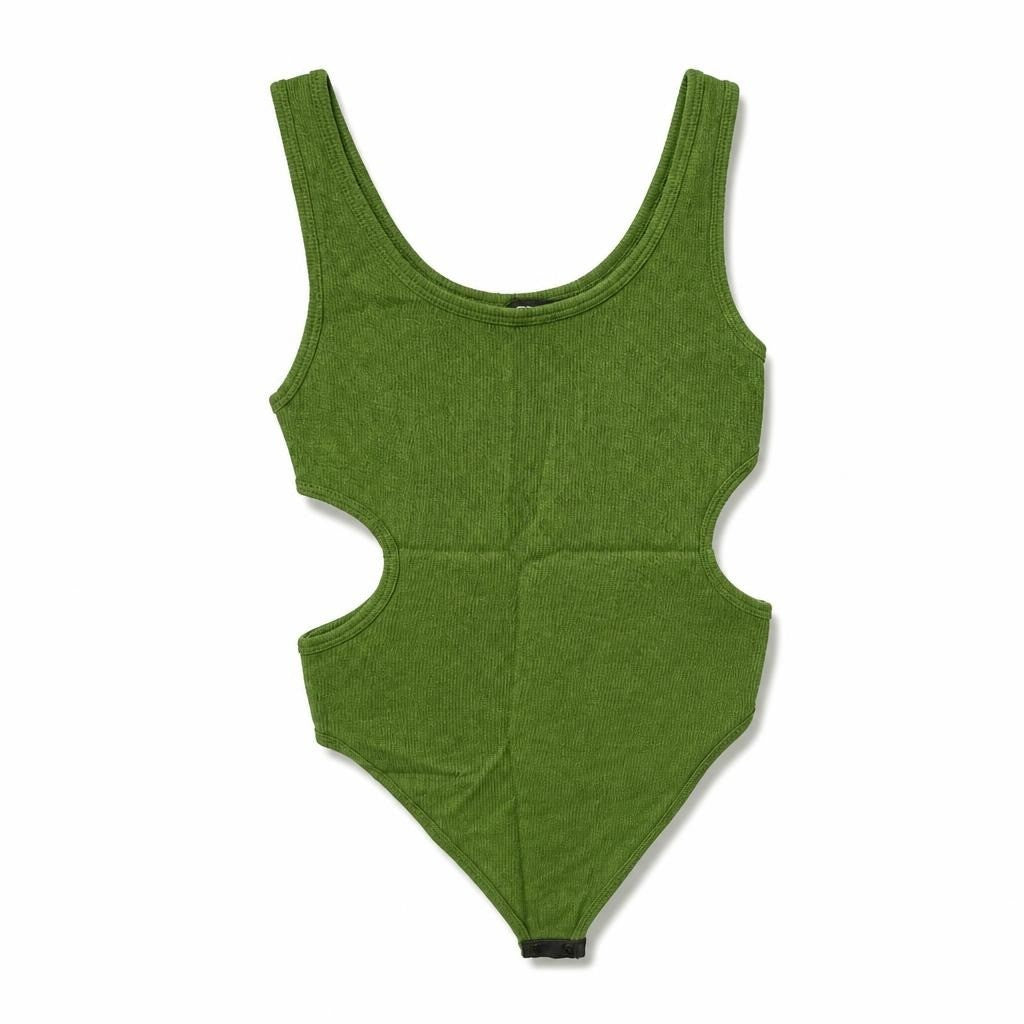 Green Ribbed Knit Cutout Bodysuit - pre-loved at Why Go Less, Lebanon