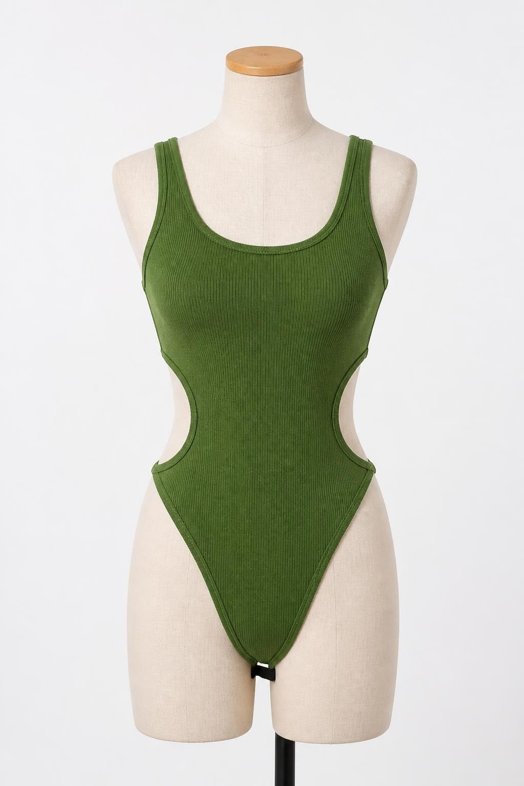 Green Ribbed Knit Cutout Bodysuit - pre-loved at Why Go Less, Lebanon