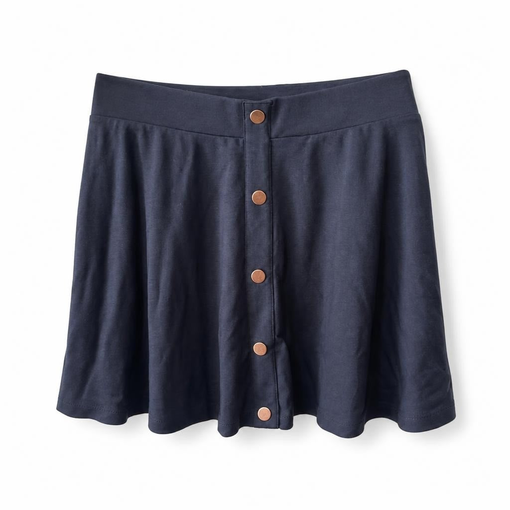 Navy Blue Button-front Flare Mini Skirt - pre-loved at Why Go Less, Lebanon