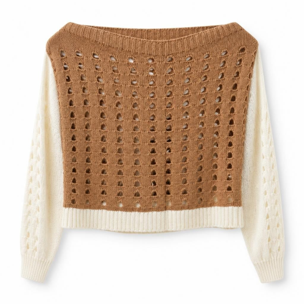 Brown & Cream Openwork Knit Crop Sweater - pre-loved at Why Go Less, Lebanon