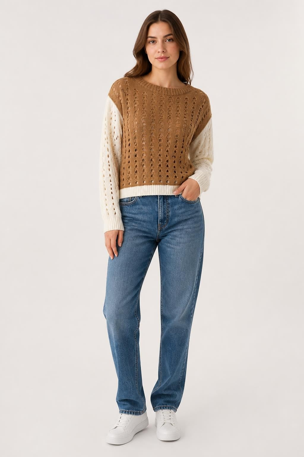 Brown & Cream Openwork Knit Crop Sweater - pre-loved at Why Go Less, Lebanon