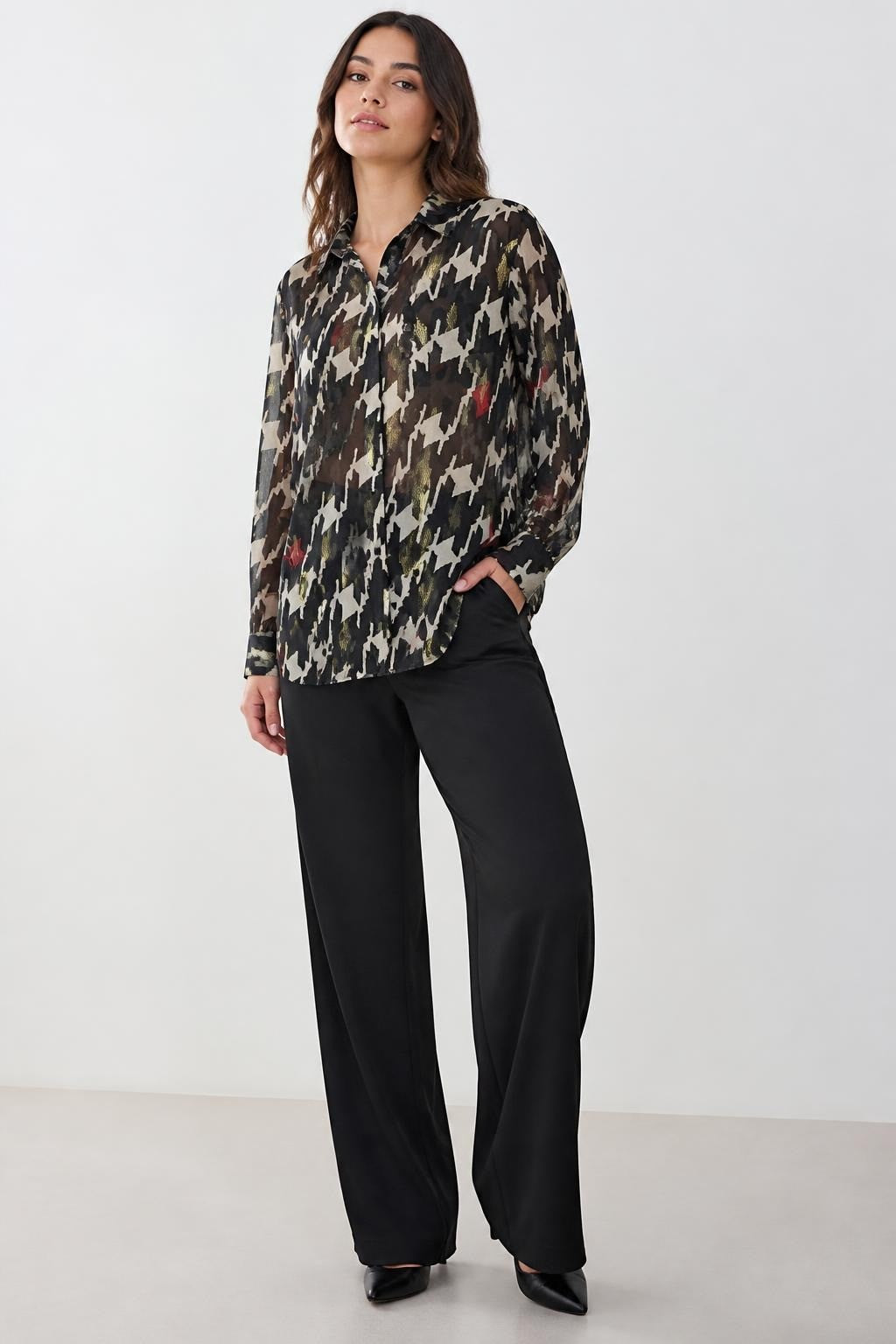 Black White Houndstooth Sheer Blouse - pre-loved at Why Go Less, Lebanon