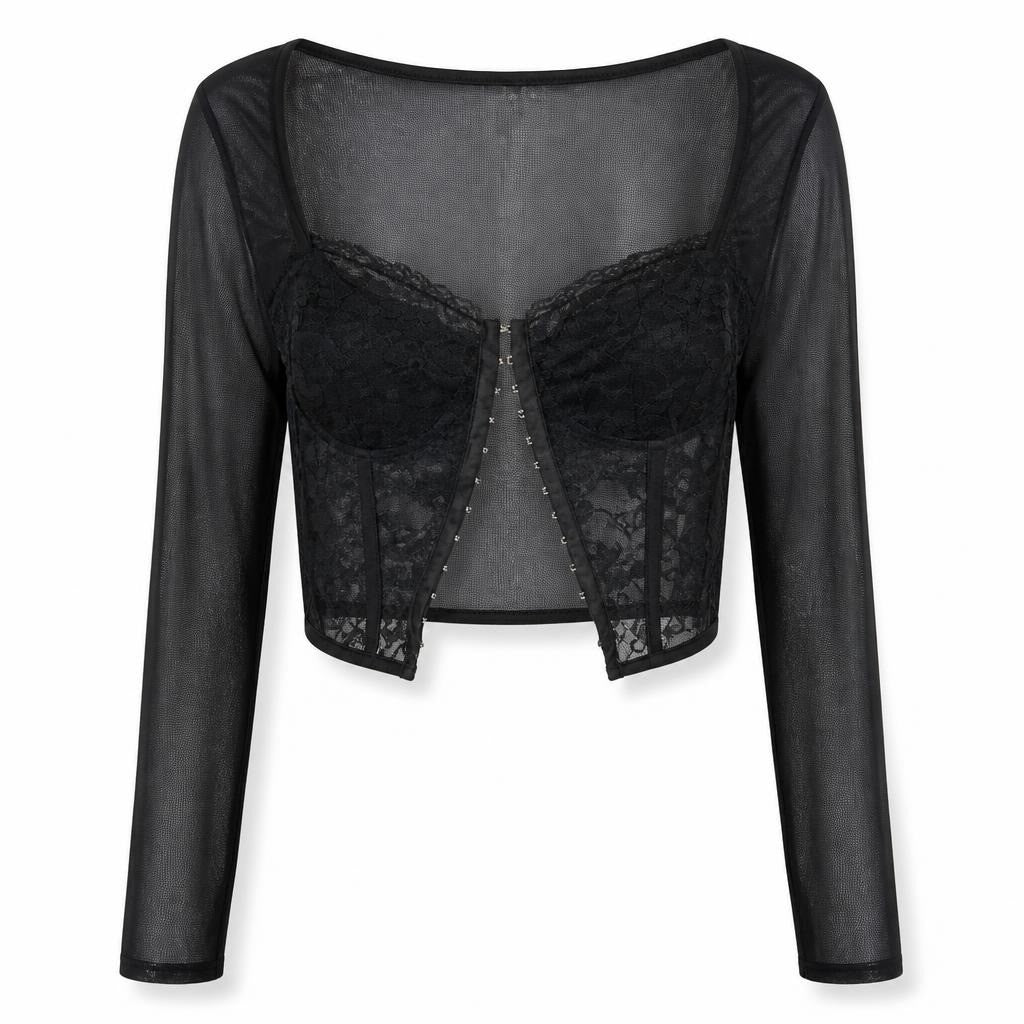 SHEIN Black Sheer Lace Corset Long Sleeve Top - pre-loved at Why Go Less, Lebanon