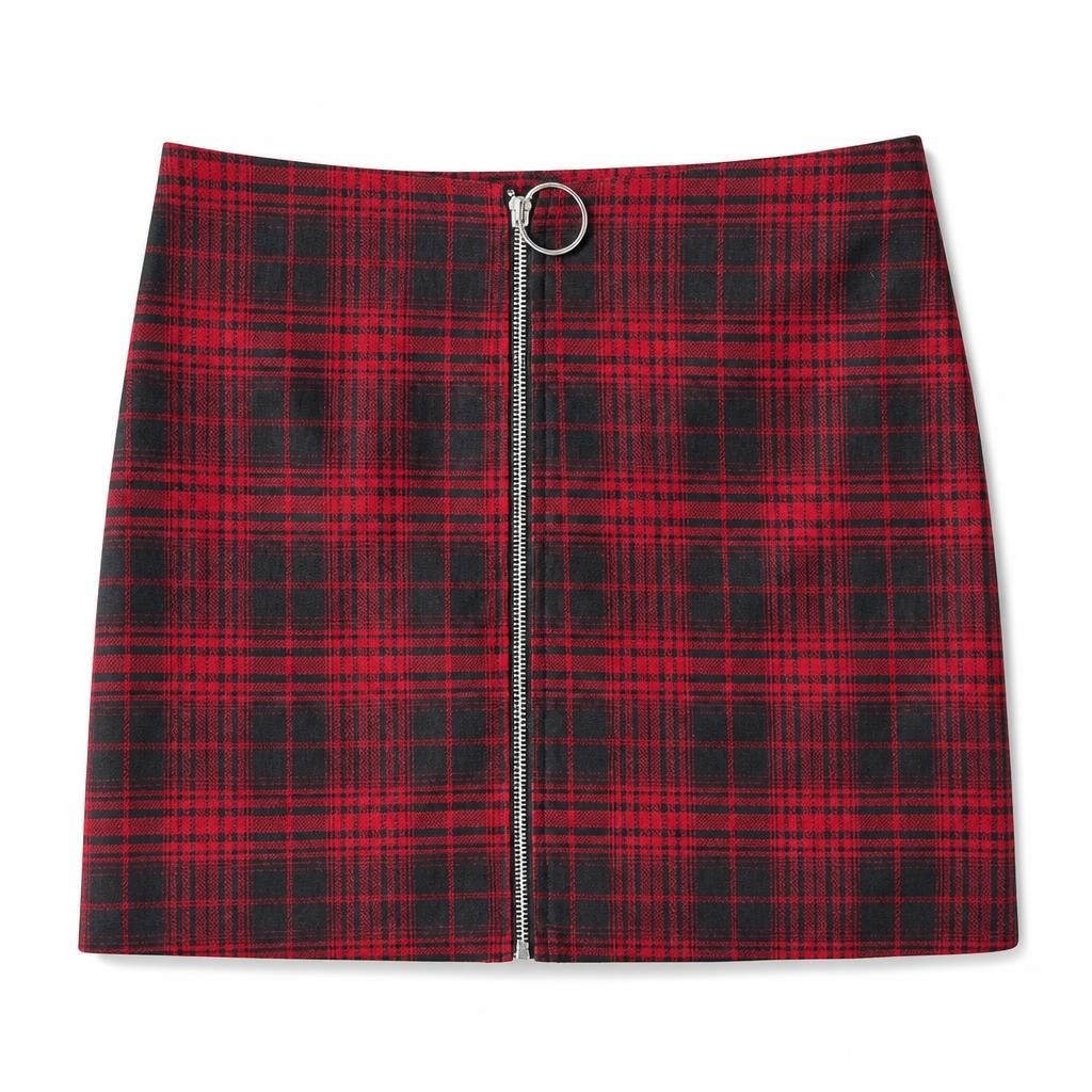 Red Black Plaid Mini Skirt with Ring Zipper - pre-loved at Why Go Less, Lebanon