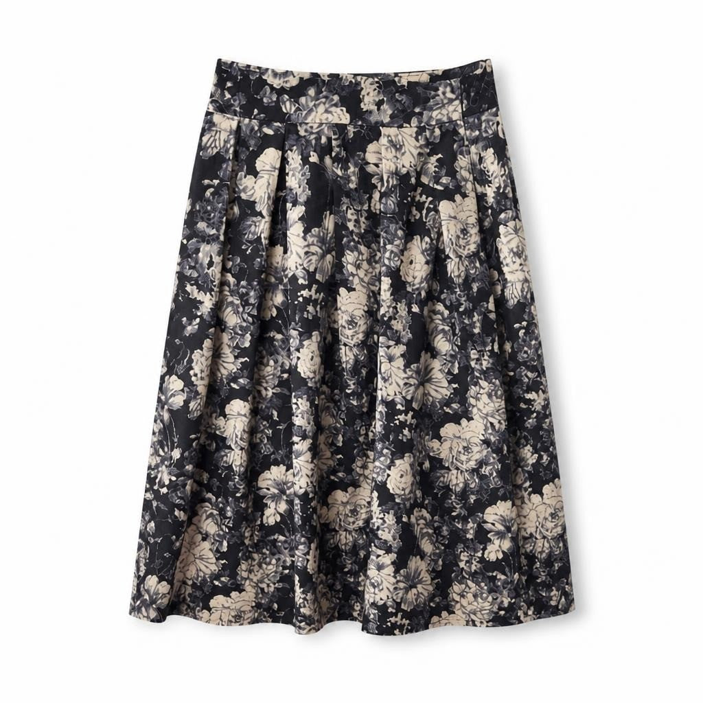 Black Floral Midi Skirt Pleated, Vintage Style - pre-loved at Why Go Less, Lebanon