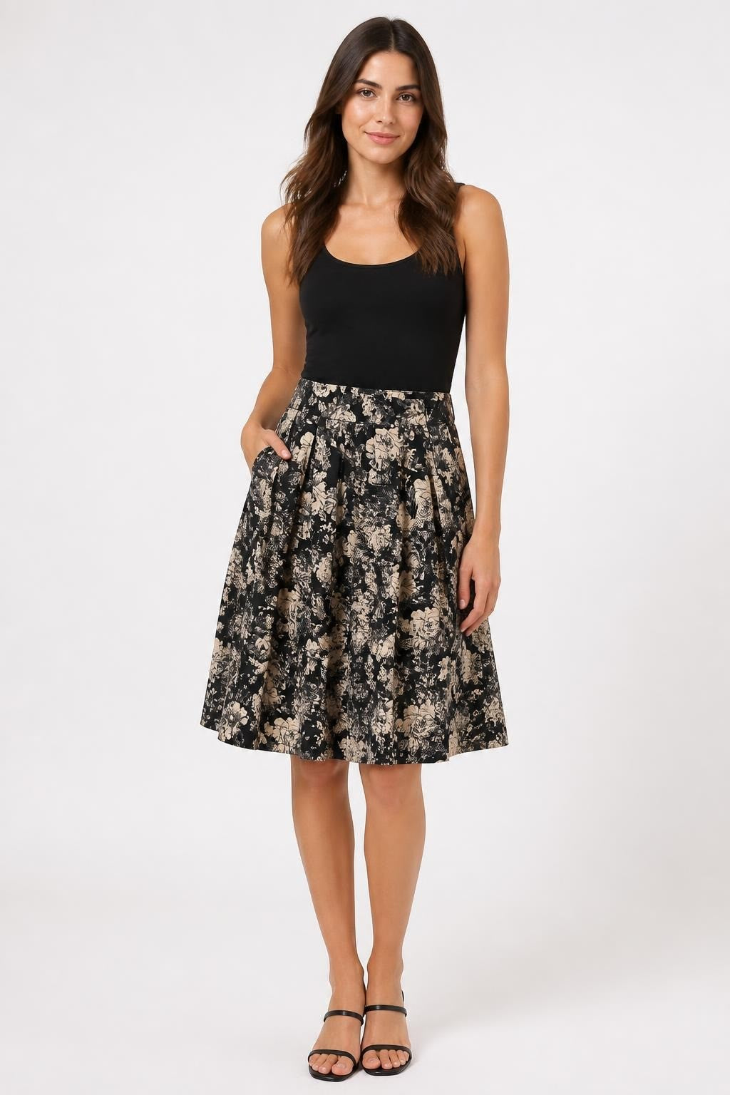 Black Floral Midi Skirt Pleated, Vintage Style - pre-loved at Why Go Less, Lebanon