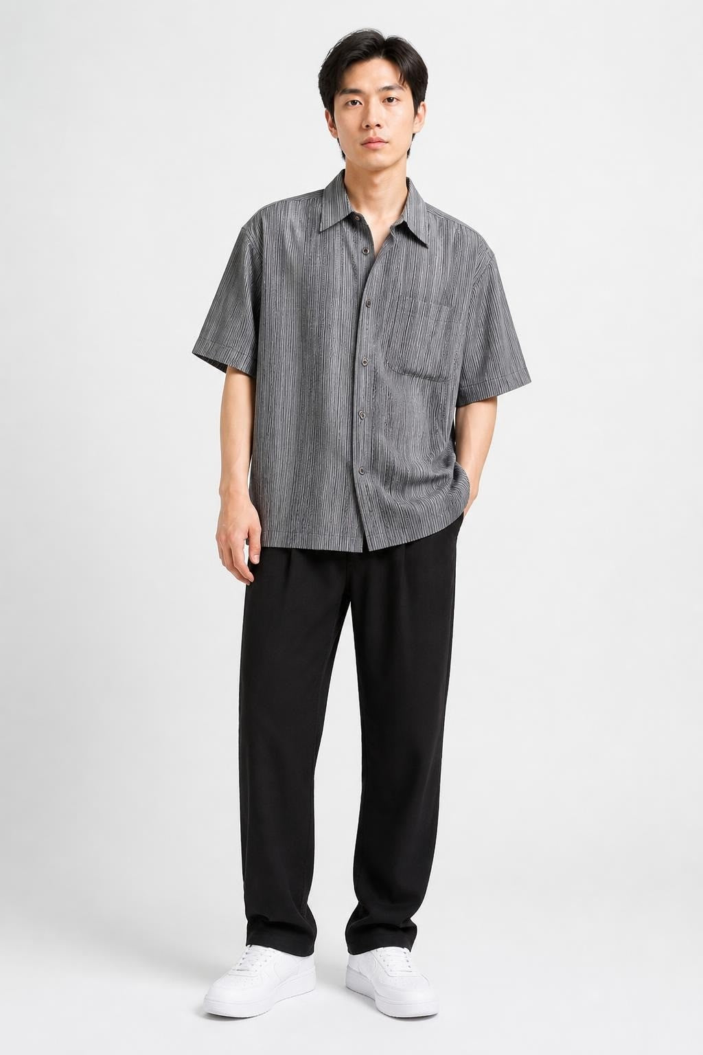 Studio Short-sleeve Striped Shirt, Grey, M - pre-loved at Why Go Less, Lebanon
