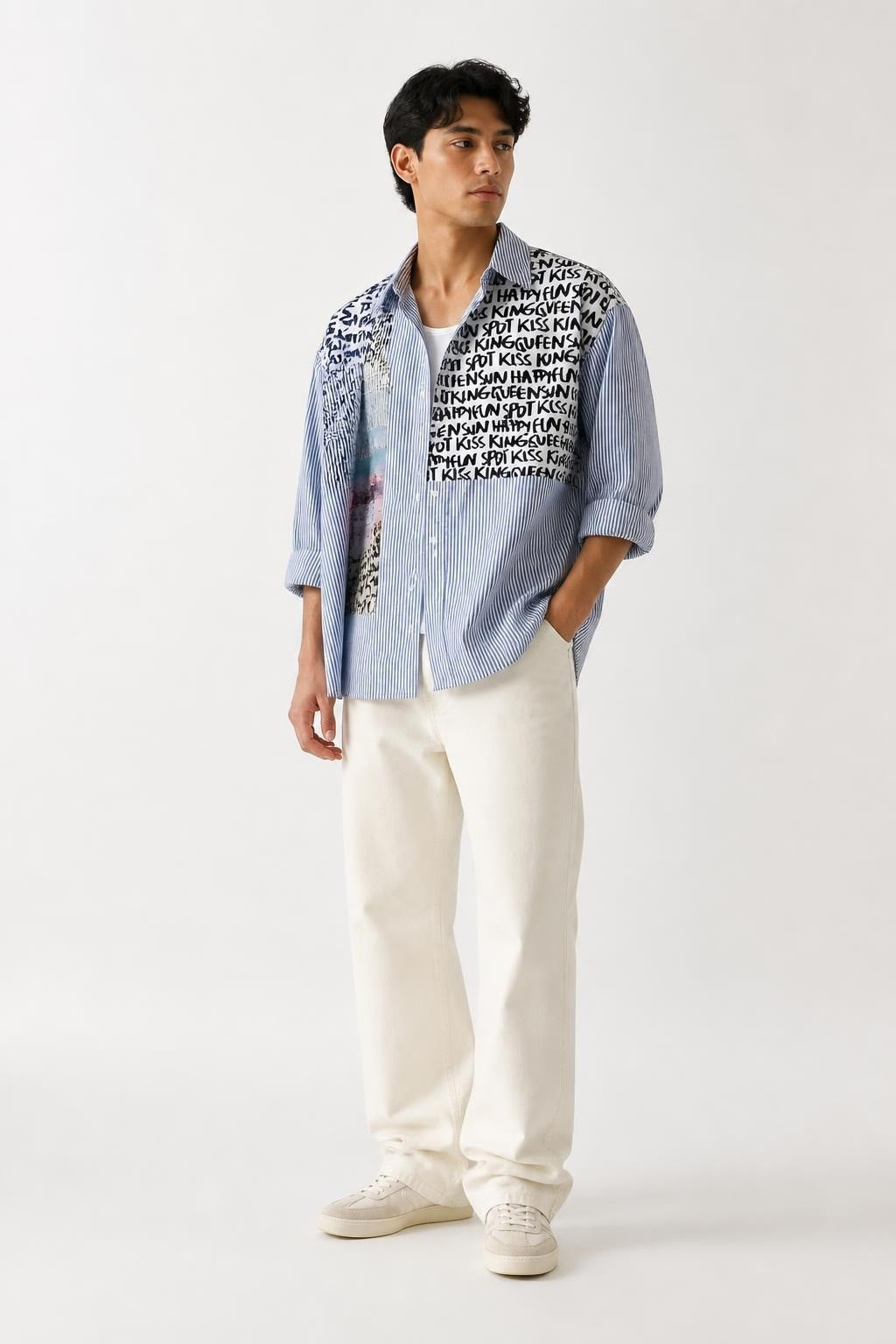 Blue Stripe Graphic Word-print Oversized Shirt - pre-loved at Why Go Less, Lebanon