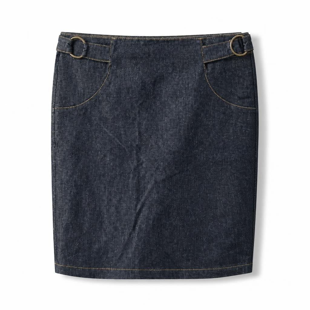 Dark Denim Mini Skirt with Ring Belt Detail - pre-loved at Why Go Less, Lebanon