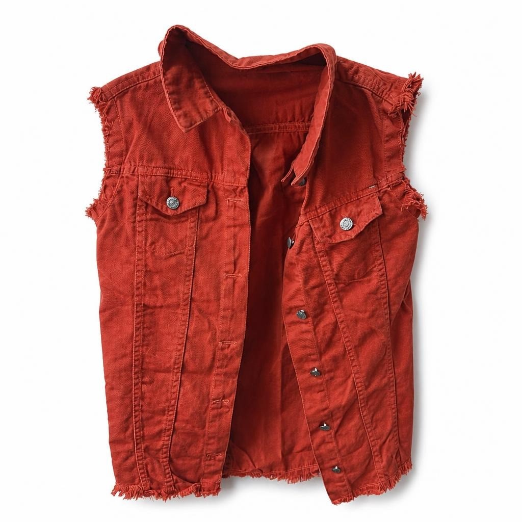 Rust Red Distressed Denim Vest - pre-loved at Why Go Less, Lebanon