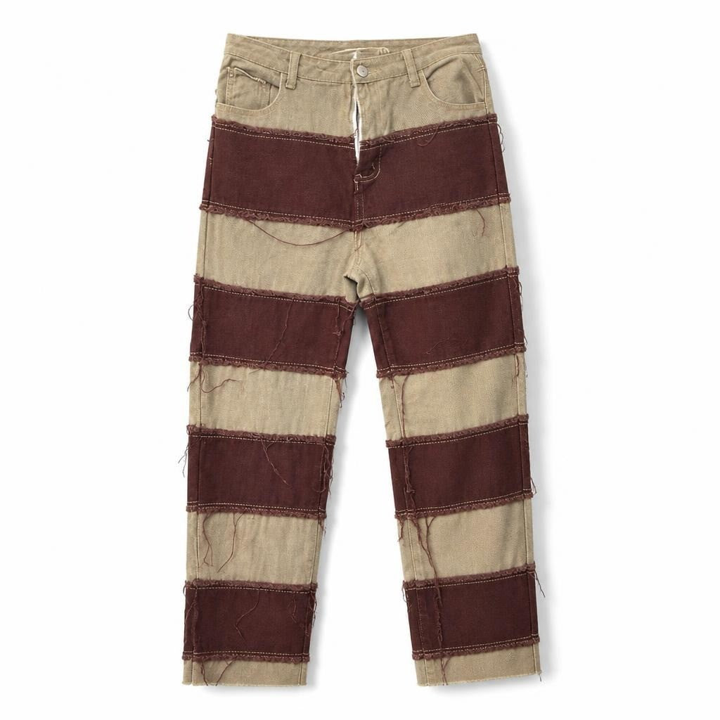 Striped Distressed Patchwork Trousers Beige Burgundy - pre-loved at Why Go Less, Lebanon