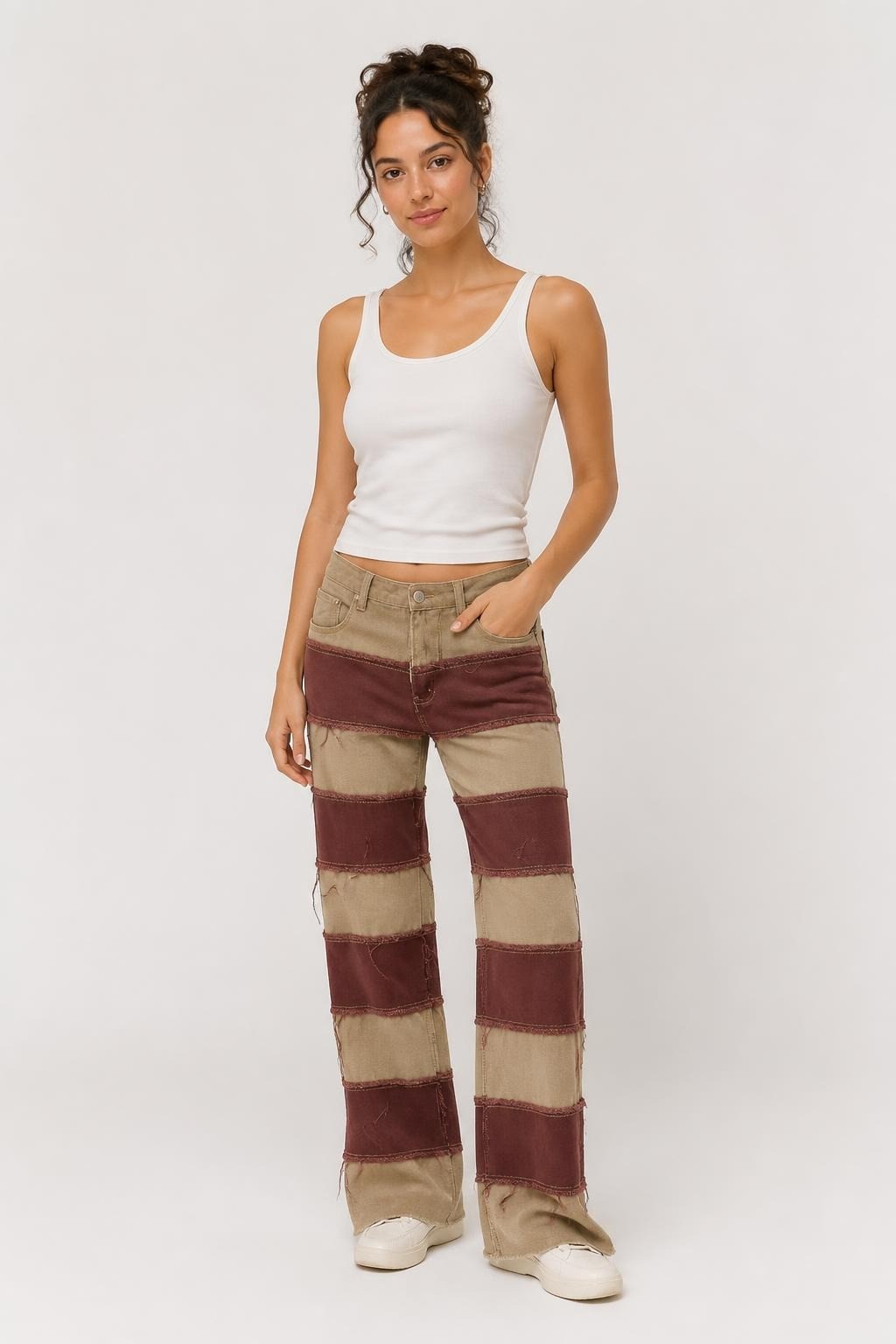 Striped Distressed Patchwork Trousers Beige Burgundy - pre-loved at Why Go Less, Lebanon