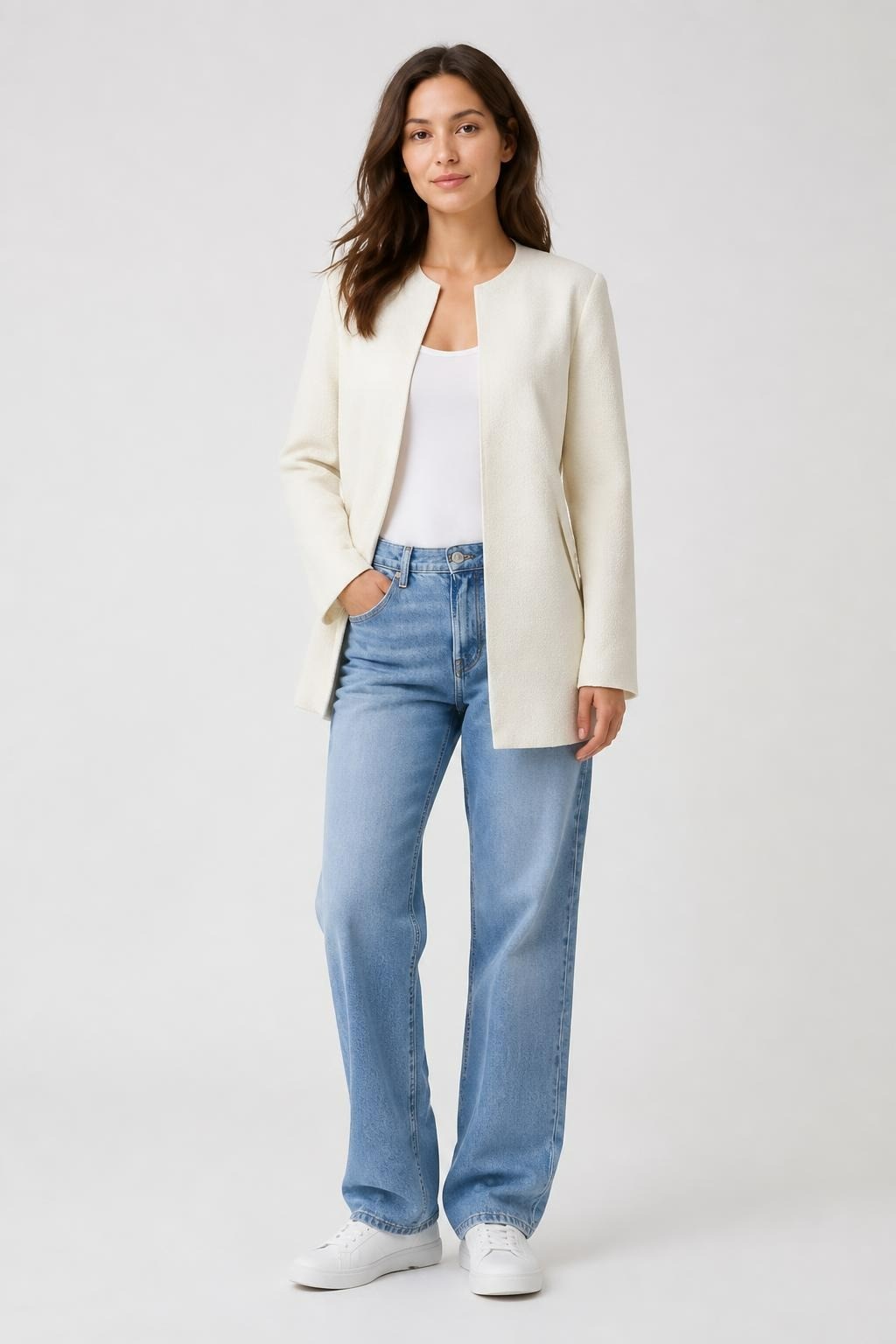 Etam White Zip-pocket Collarless Blazer - pre-loved at Why Go Less, Lebanon