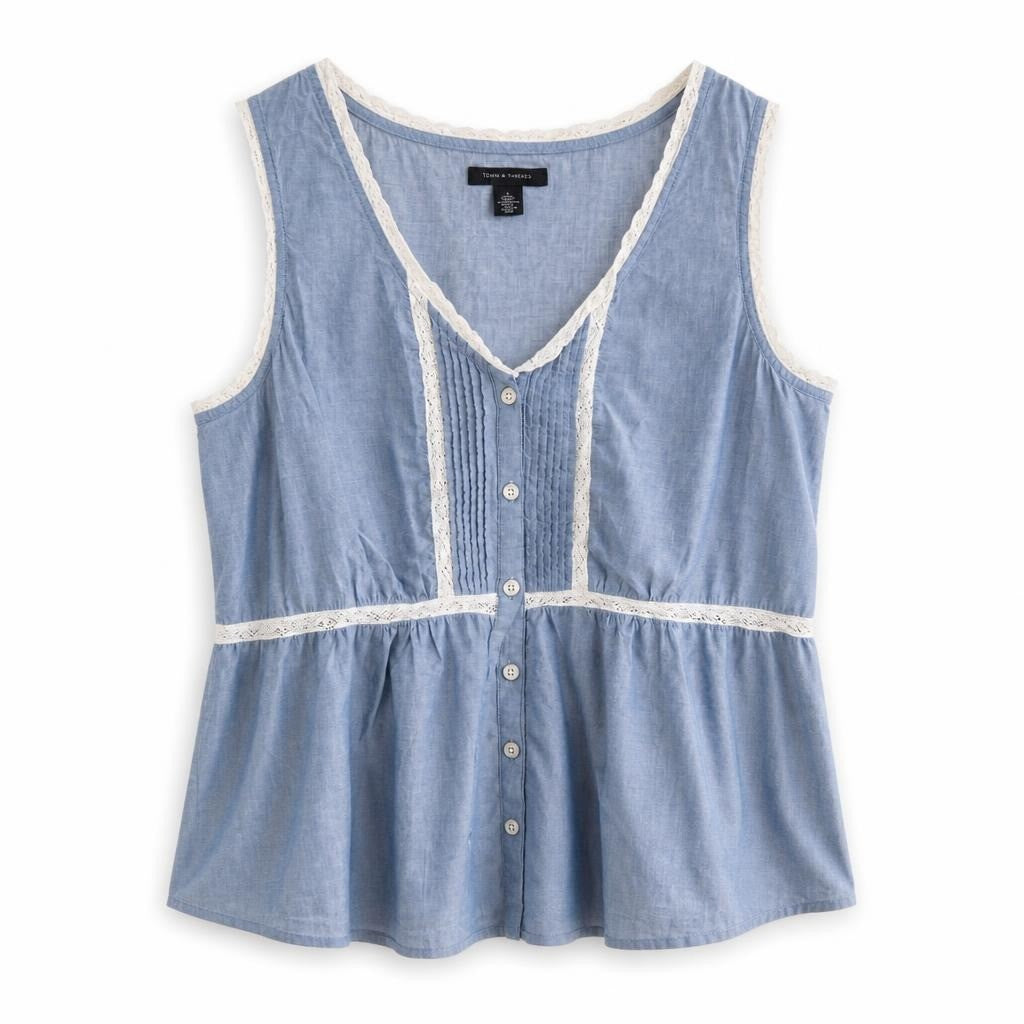 Tommy Hilfiger Blue Sleeveless Peplum Top, Lace Trim - pre-loved at Why Go Less, Lebanon